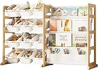 EXPERLAM Toy Storage Organizer with Bookshelf - 12 Removable Bins, 4-Tier Solid Pine Wood Shelf for Kids Toys & Books, White