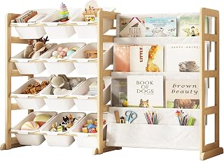 EXPERLAM Toy Storage Organizer with Bookshelf - 12 Removable Bins, 4-Tier Solid Pine Wood Shelf for Kids Toys & Books, White