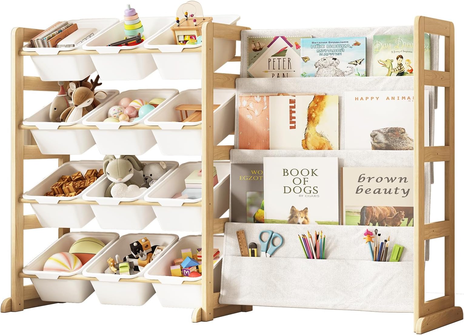 EXPERLAM Toy Storage Organizer with Bookshelf - 12 Storage Bins 4-Tier Multipurpose Shelf to Organize Toys and Books for Kids Room, Playroom, Nursery Room, White