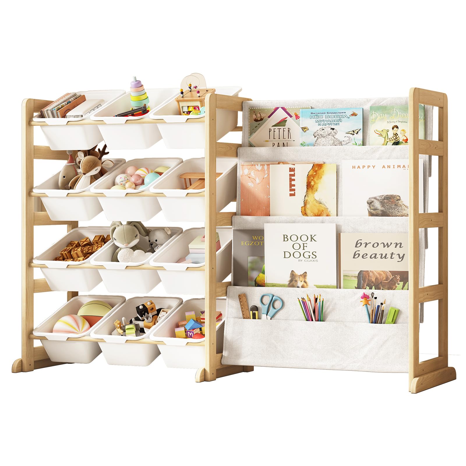 Toy Storage Organizer with Bookshelf - 12 Storage Bins 4-Tier Multipurpose Shelf to Organize Toys and Books for Kids Room, Playroom, Nursery Room, White