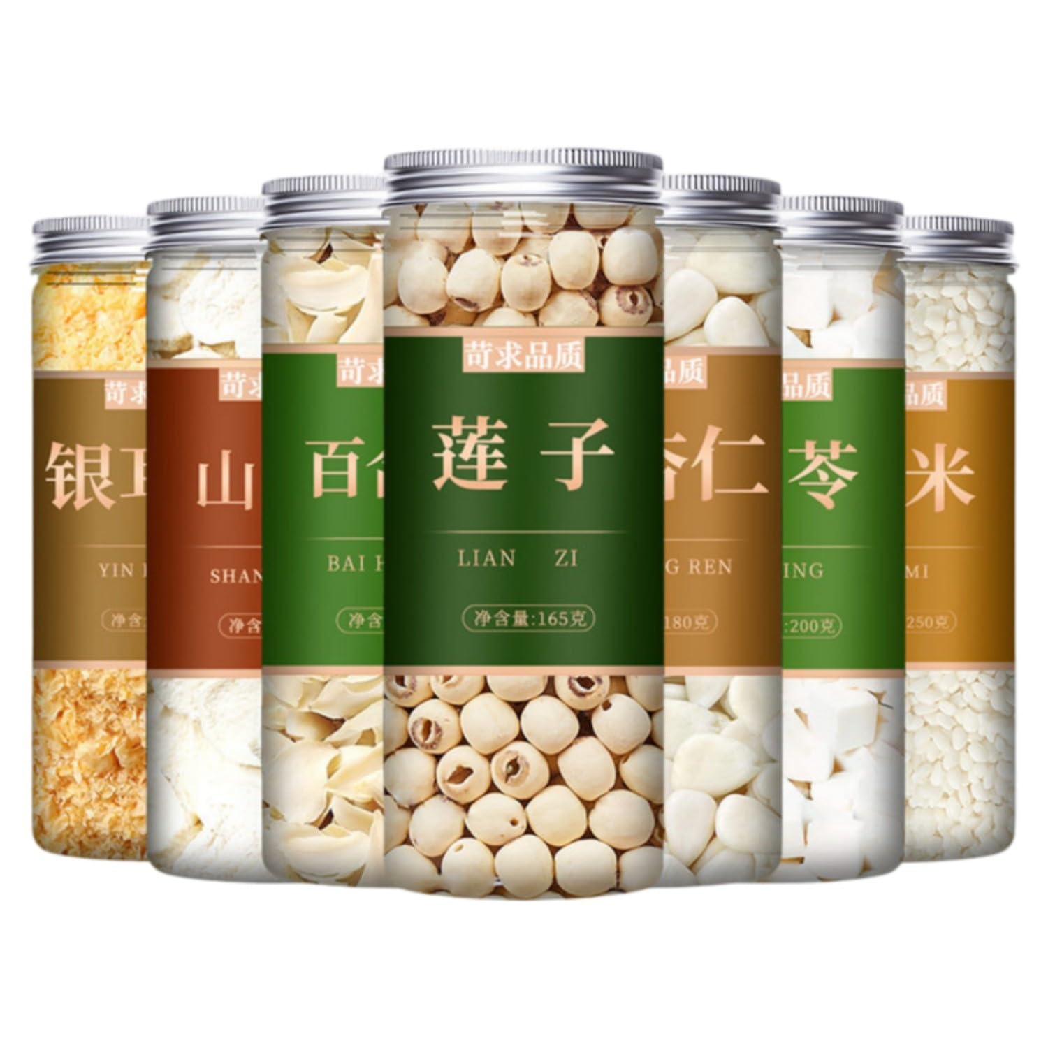 【7罐】南杏仁 茯苓 莲子 百合干 山药花茶 银耳碎 糯米 Premium Natural china herbal tea Loose Leaf Tea,Chinese Tea, Sulfur Free,Flower tea,dark tea,loose tea Sweet Fresh