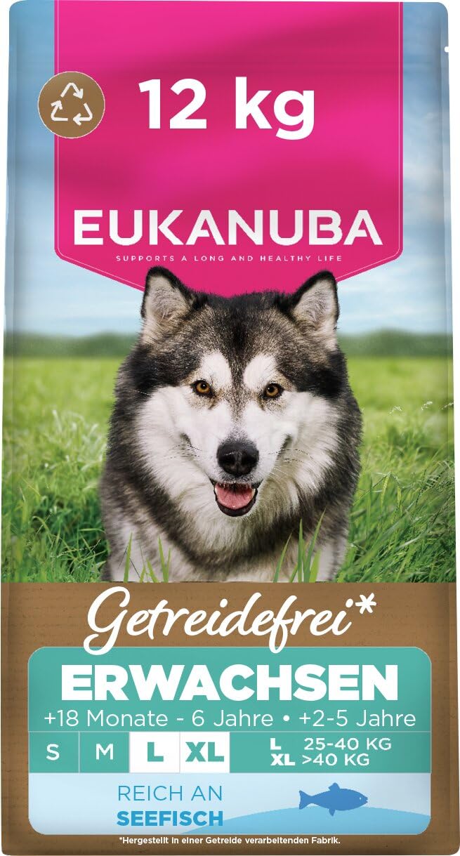 Eukanuba Hundefutter getreidefrei mit Fisch für große Rassen, Premium Trockenfutter ohne Getreide für ausgewachsene Hunde, 12 kg