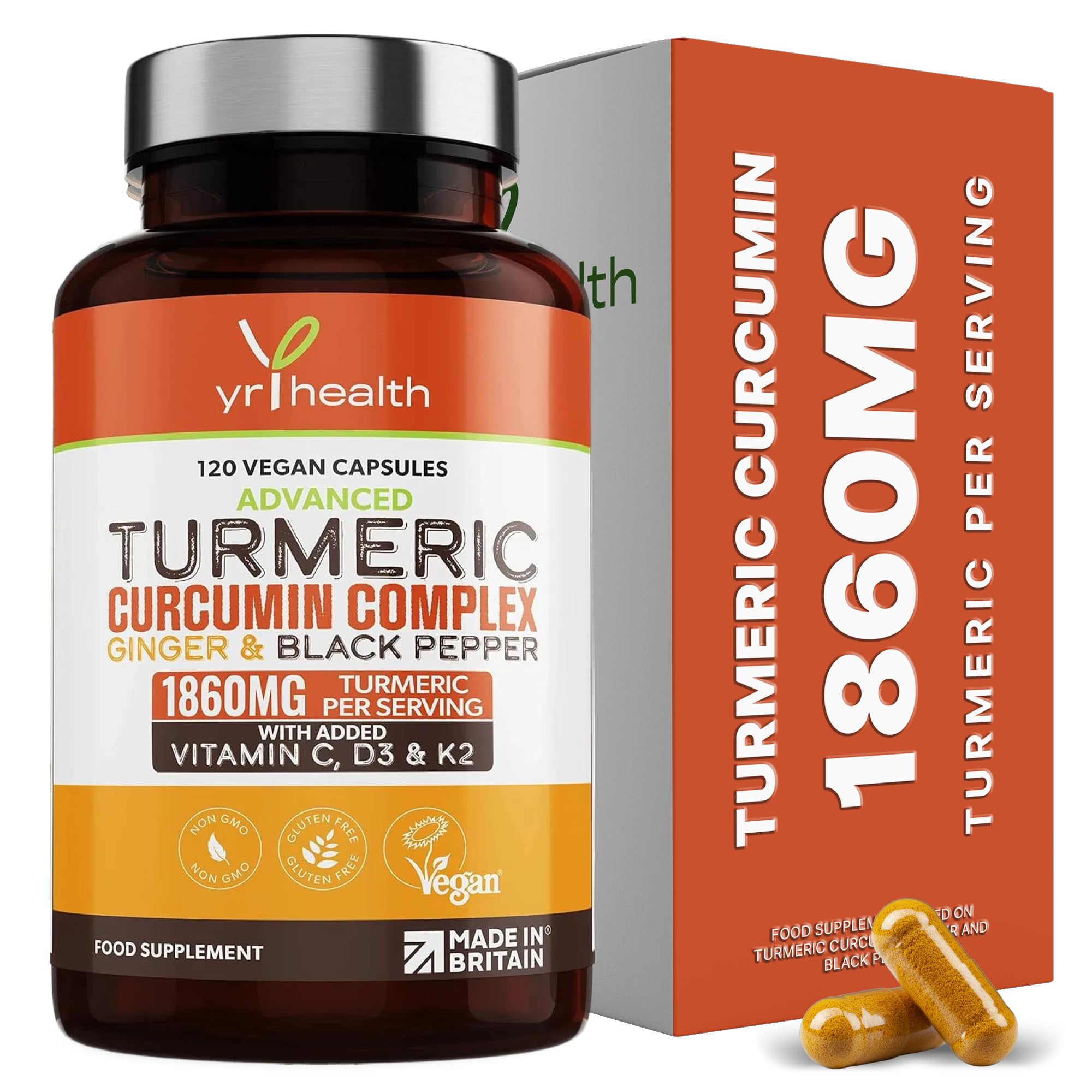 Turmeric Capsules High Strength 1860mg with Black Pepper, Ginger, Vitamin C & D for Immune System & Joints Plus K2 Mk7-120 Vegan Capsules Premium Turmeric Curcumin – Made in The UK by YrHealth