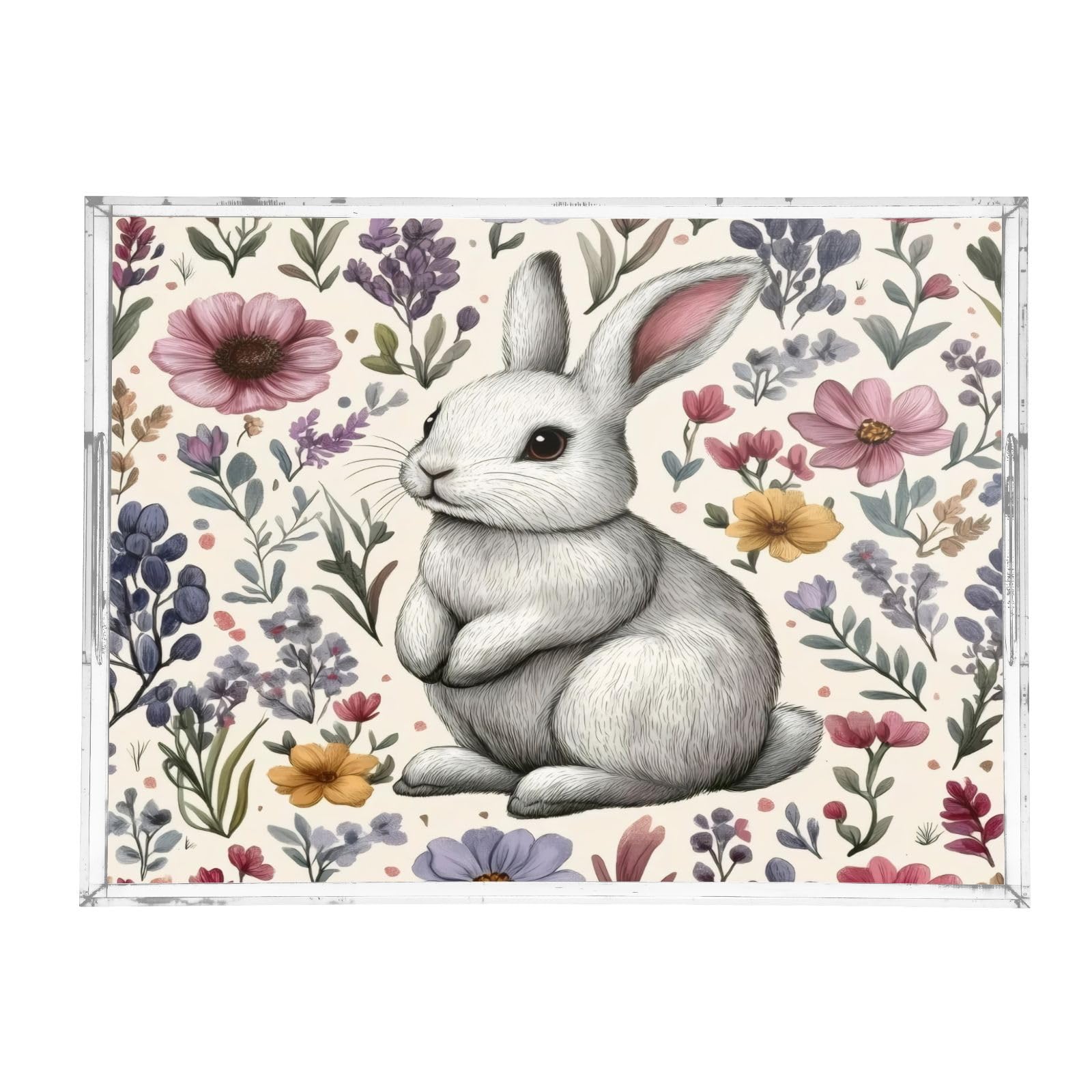 Msyxl Cute Rabbit Serving Tray for Coffee Table, Decorative Acrylic Tray Cute Rabbit Tray with with Handles for Breakfast, Ottoman, Countertop, 12x16 in