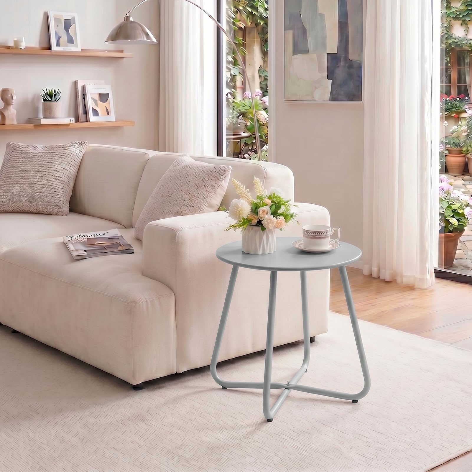 HollyHOME Tavolo da Giardino Rotondo in Metallo, Grigio