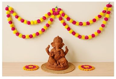 SPHINX Artificial Marigold Double Line Fluffy Flower Loops,Genda Door Toran Hanging for Wall Decor,Pooja Diwali Ganesh Chaturthi Wedding Backdrop Garland Decoration-2 Pcs - (Yellow and Dark Pink)