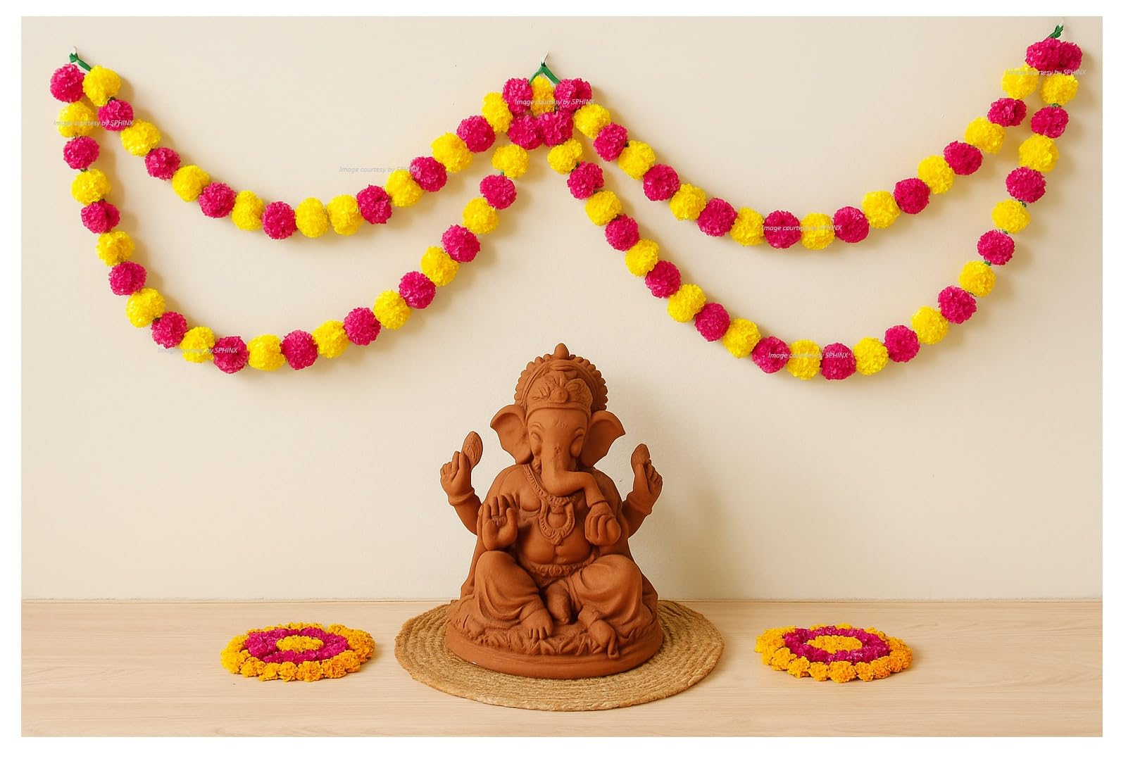 SPHINX Artificial Marigold Double Line Fluffy Flower Loops,Genda Door Toran Hanging for Wall Decor,Pooja Diwali Ganesh Chaturthi Wedding Backdrop Garland Decoration-2 Pcs - (Yellow and Dark Pink)