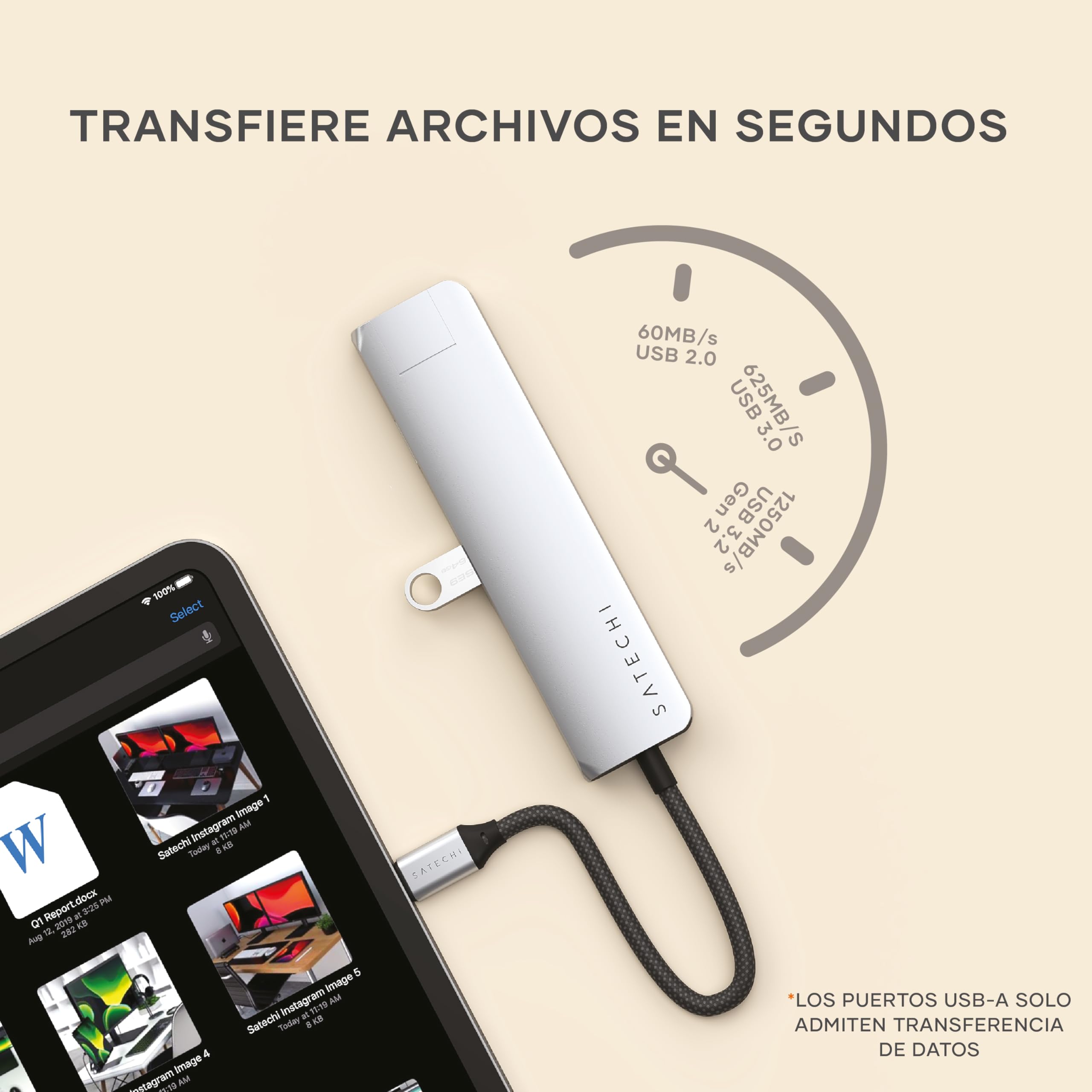SATECHI 7 en 1 Hub USB C Slim Plus Adaptador Multipuerto con Ethernet, Carga PD 100W, HDMI 4K@60Hz, 2X Puertos USB-A 10Gbps y SD/microSD para MacBook Air/Pro/Neo, PC Portatil y más – Plata