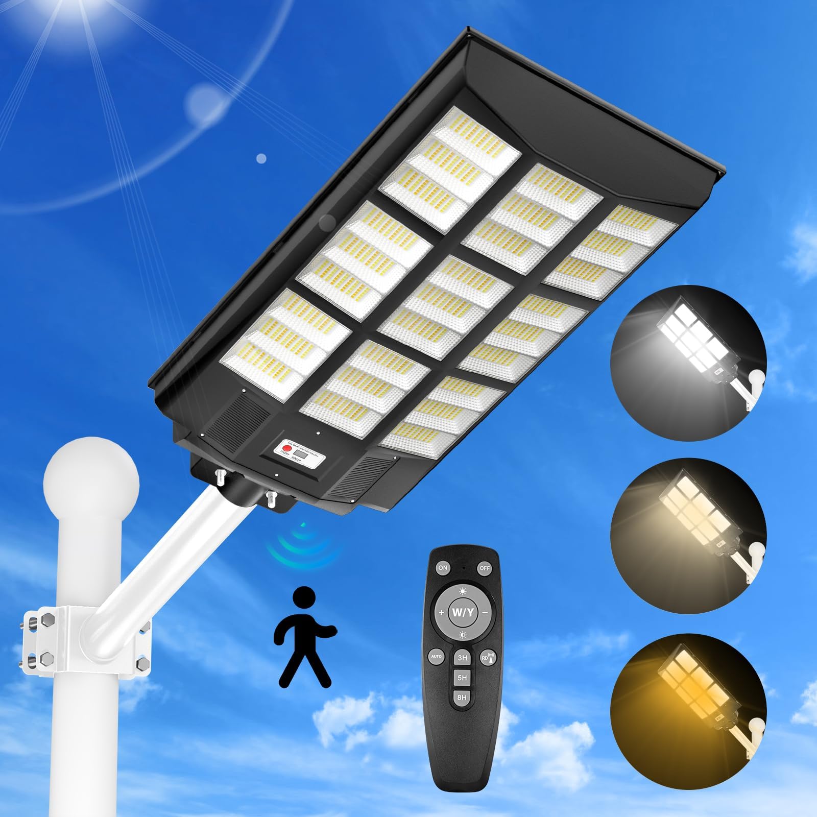 4500W Street Lights Solar Powered, 4500000LM Solar Street Lights for Outside, 2700K/4200K/6500K Dimmable Solar Lights Outdoor Waterproof IP66 Dusk to Dawn for Parking Lot, Pole, Garden, Yard
