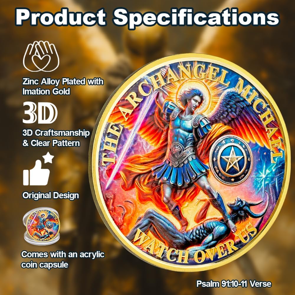 Archangel Michael Christian Challenge Coin Psalm 91:10-11 Verse Token Religiou Faith Coins Inspirational Christian Gift for Men Women