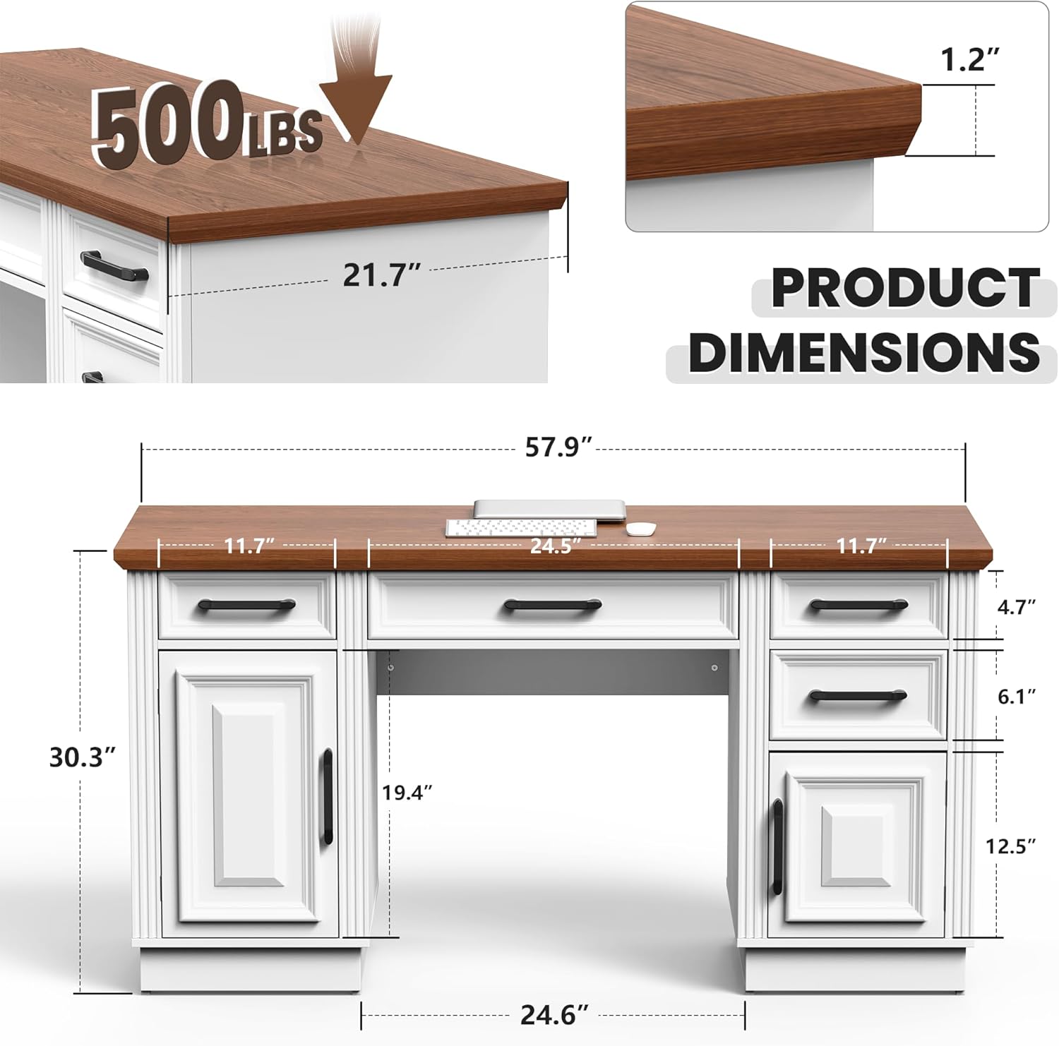 58" Farmhouse Executive Desk, Wood Home Office Desk with Drawers, Computer Desk with Drawers and Storage Cabinet, Workstation for Office Home, Ivory White