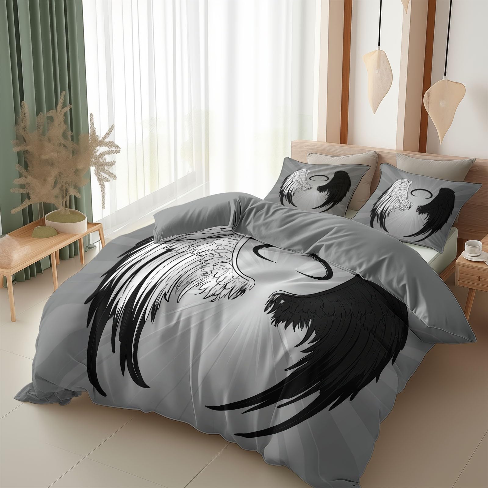 Housse de couette ailes ange démon minimalistes pour l'ambiance moderne d'une chambre adulte