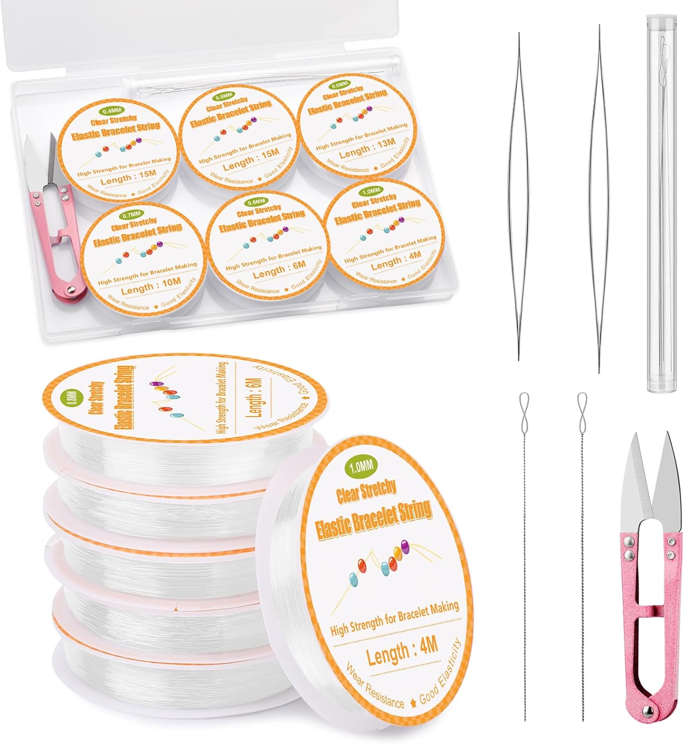 Bupete 6 Rolls Elastic String for Bracelets, 0.4mm, 0.5mm, 0.6mm, 0.7mm, 0.8mm, 1mm Stretchy Bracelet String, Friendship Bracelet String with Scissors, Beading Needles for Bracelets