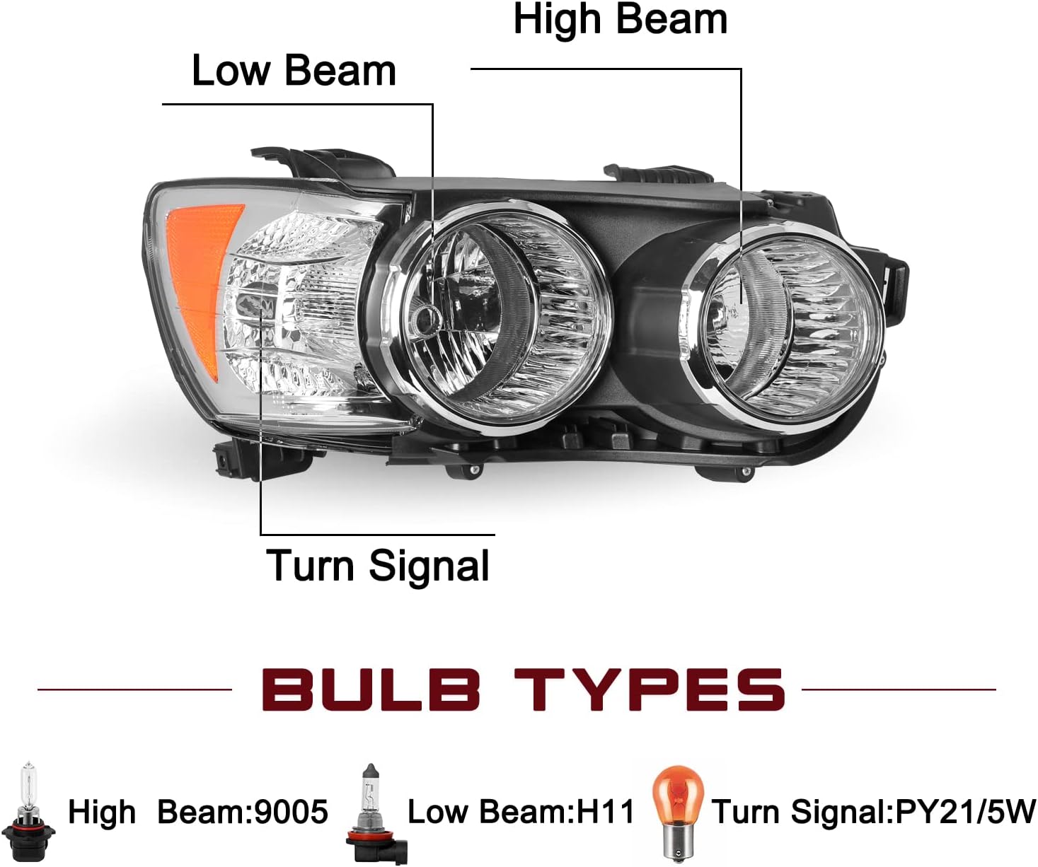 JSBOYAT Fits for 2012-2016 Chevy Sonic Halogen Headlight Assembly Replacement Chrome Bezel OE Style Factory Headlamp Right Passenger Side Bulbs Included