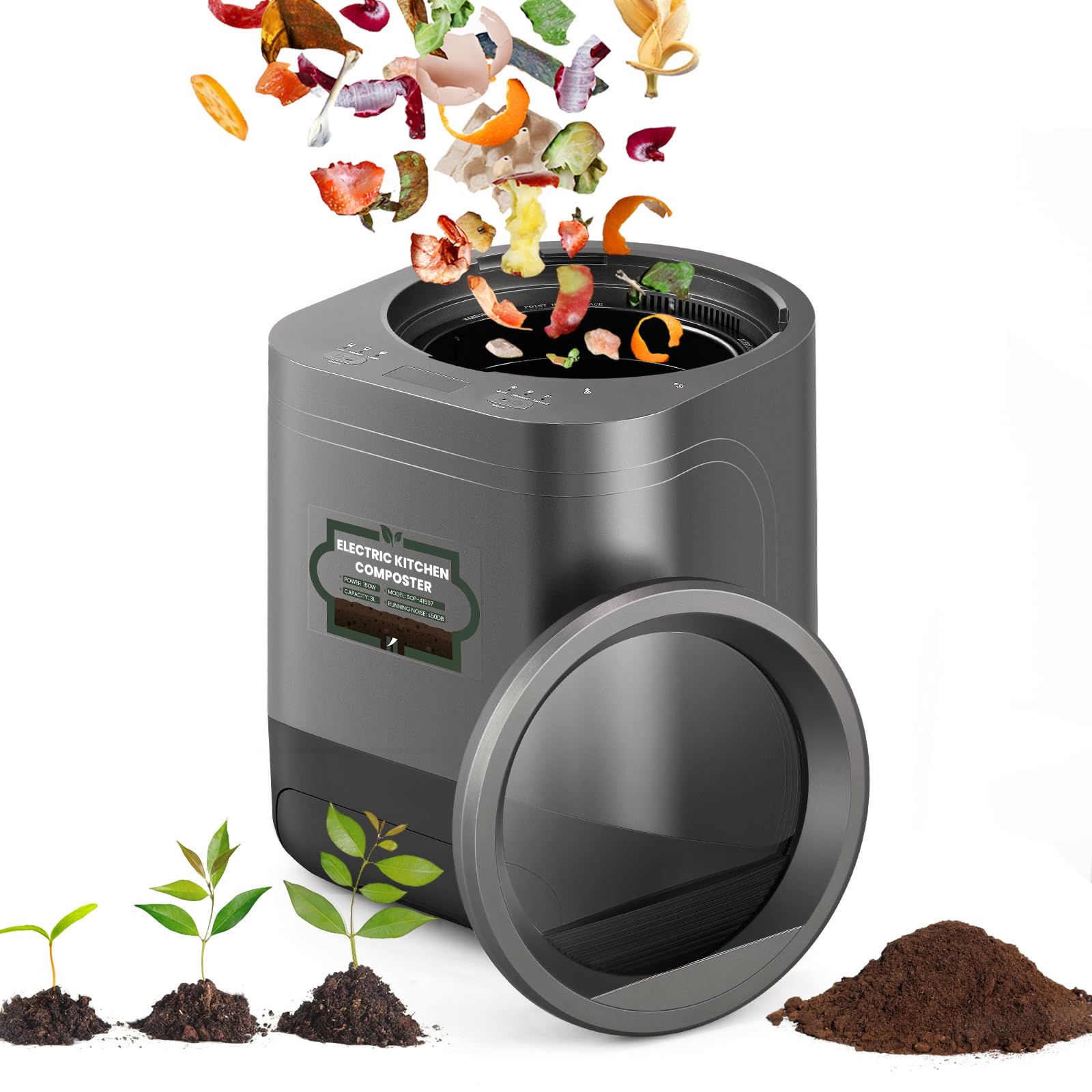 Huanyu Elektronischer Komposter Elektrischer Küchen Komposter mit Sichtbarem Fenster 3L Food Cycler Automatischer Komposter