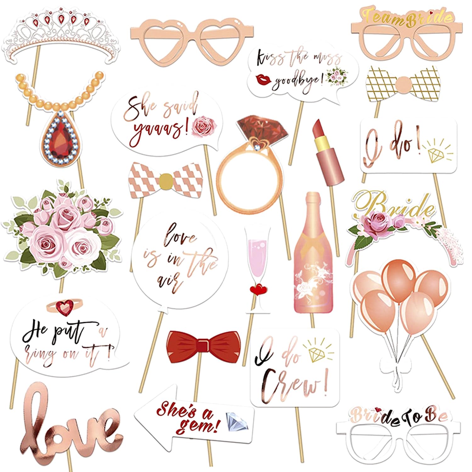 Bojueshaw 23 Pcs Bridal To Be Decorations,Rose Gold Wedding Engagement Bachelorette Party Photobooth Props,Hen Do Accessories for Bridal Shower Selfie Props