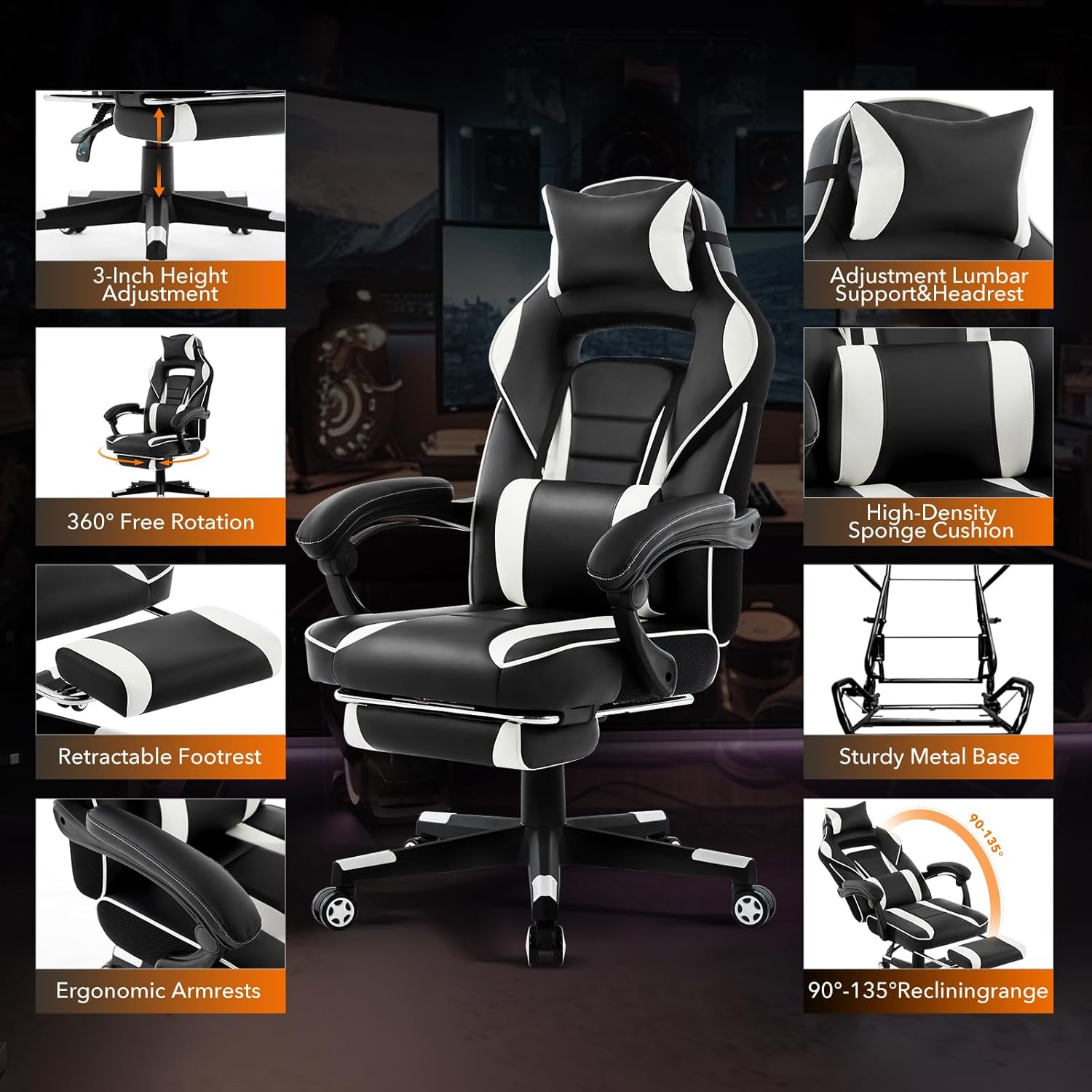 Big and Tall Office Chair, High Back Leather Gaming Chair with Footrest, Ergonomic Computer Chair w/Lumbar Support & Headrest, 360° Swivel Base & Height Adjustable Executive Chairs for Home/Offices