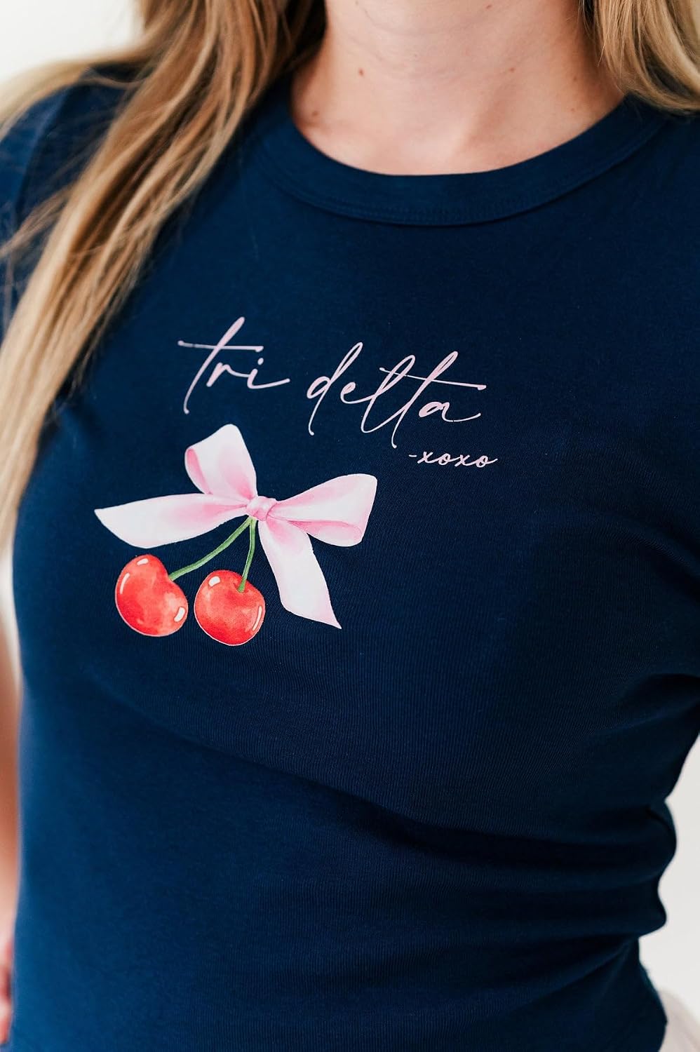 XOXO Coquette Bow Cherries Sorority Merch T-Shirt - Navy Fitted Baby Doll Tee