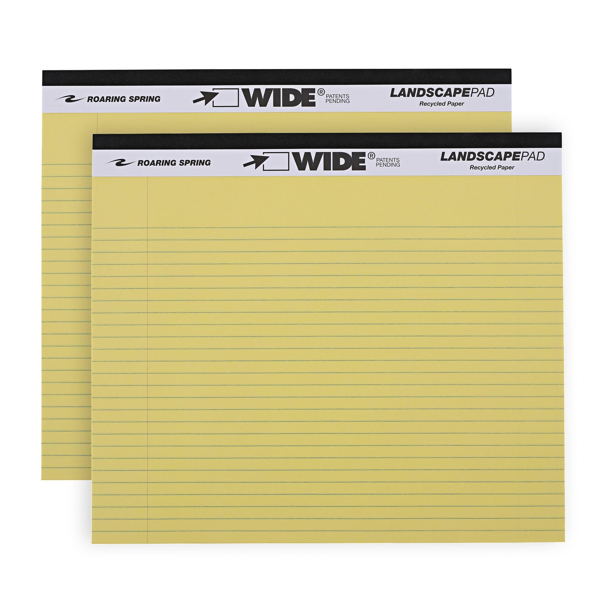 ROARING SPRING Wide Landscape Legal Pad, Canary Yellow, 2 Pads, 11" x 9.5", College-Ruled with Margin, 20 lb Recycled Paper, 40 Perforated Sheets, Made in USA