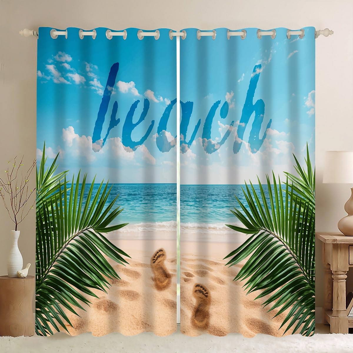 Ykncxzy Beach Curtains for Bedroom, Tropical Palm Sea Sky View Beach Themed Coastal Seaside Ocean Window Treatment Sets, Thermal Blackout Curtain Panels for Living Room, W46.2 x L72 x 2 Panels