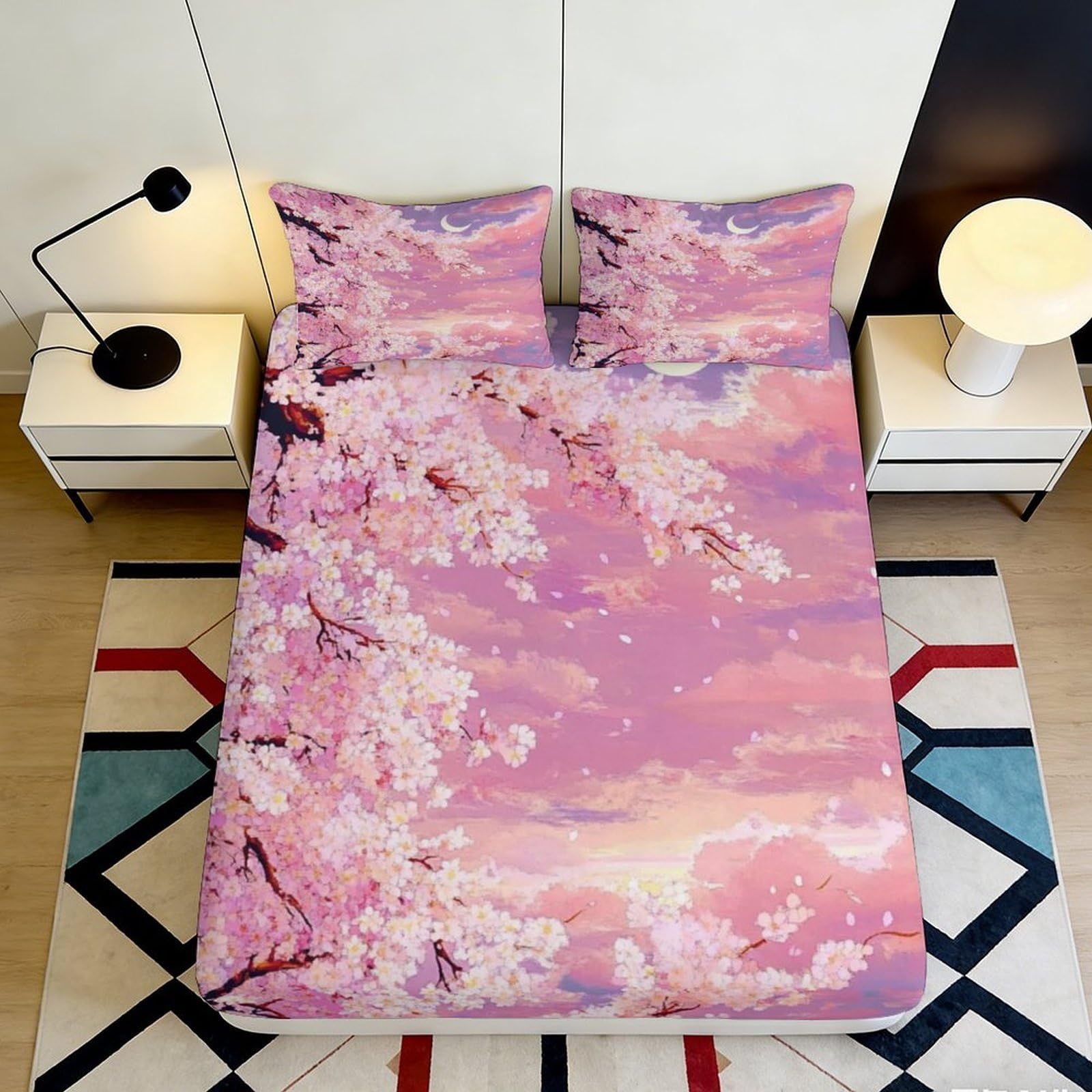 Pnayamiorkfel Style-9 3D Printed Sakura Sunset Fitted Sheet Microfiber Pink Cherry Blossom Bed Cover For Bedroom Decor Mattress Protection 90X200x25cm