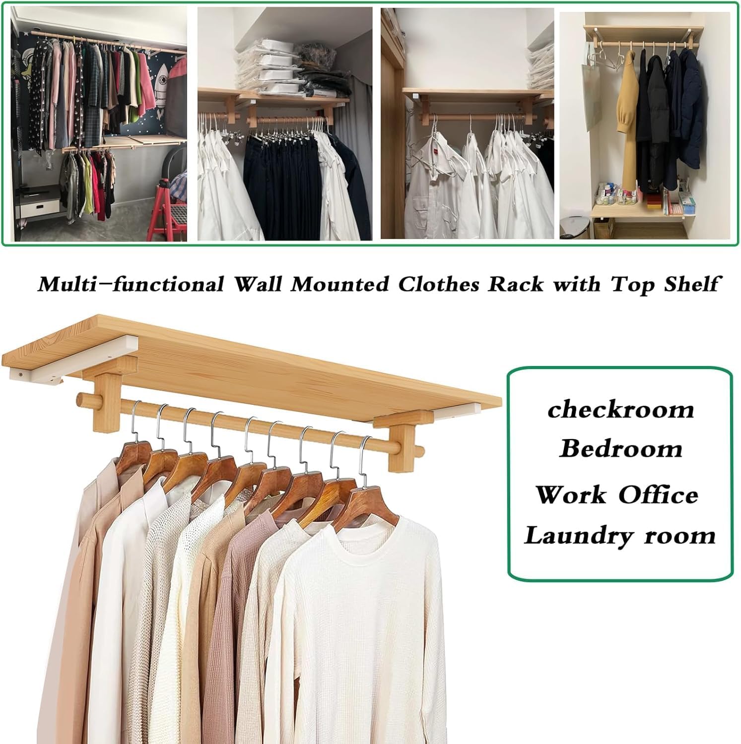Mounted Closet Systems with Shelves, Closet Organizer System with Hanging Rods, Wall Mount Bedroom Wardrobe Walk-in Closet, Solid Wood Garment Rack (150cm/59in)