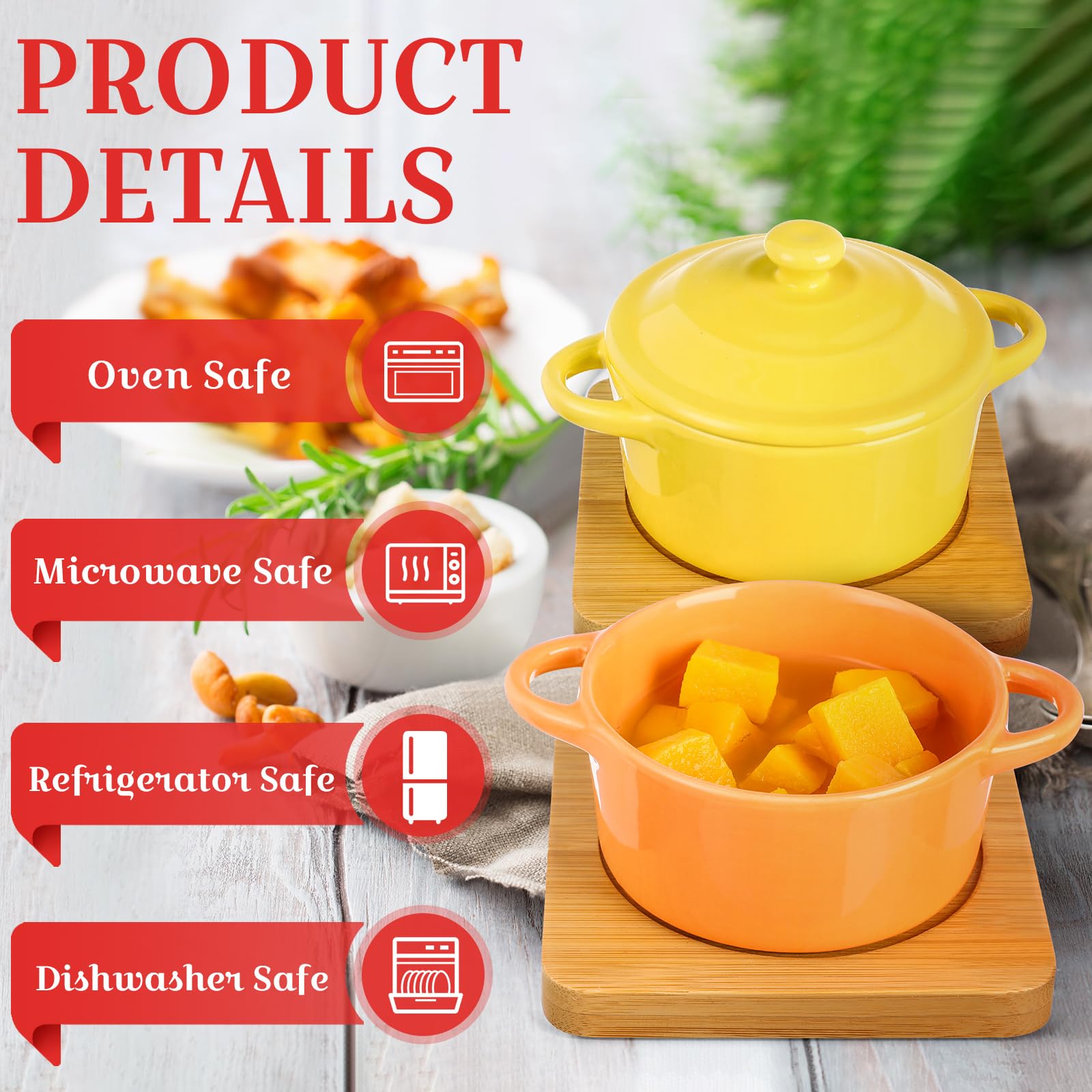 Mimorou Juego de 6 mini cocotte de cerámica de 7 onzas con tapa y base de madera, mini olla de horno holandés, cazuela redonda con asa para hornear, utensilios de cocina, hogar, restaurante, cocina