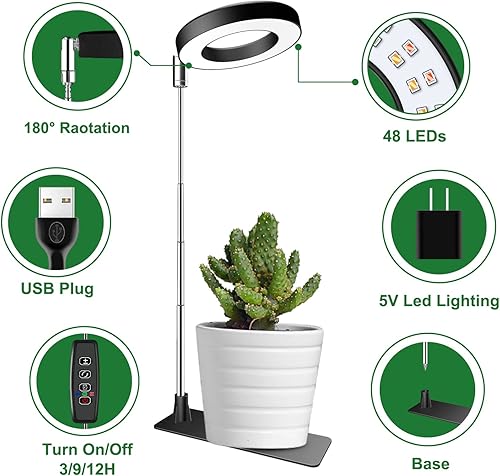 Miniatura 30 de Luces de cultivo, 48 luces LED de espectro completo, halo pequeño ajustable con base, 3 espectros opcionales, temporizador automático de 3/9/12 3.4