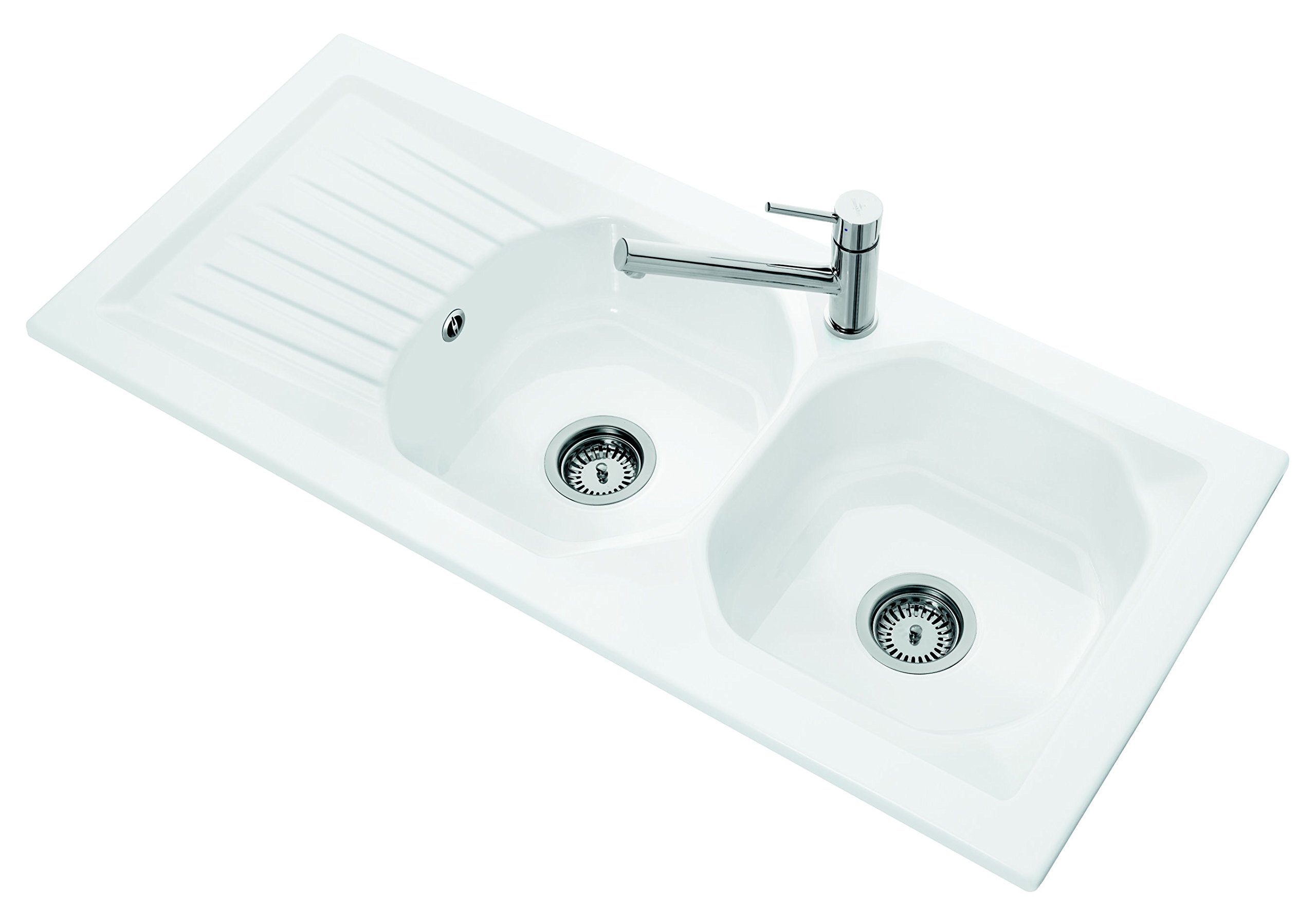 Villeroy & Boch Évier encastrable 2 bacs, 1 égouttoir NESTOR PLUS Blanc, Céramique, Sous plan, 1130 mm x 510 mm x 170 mm