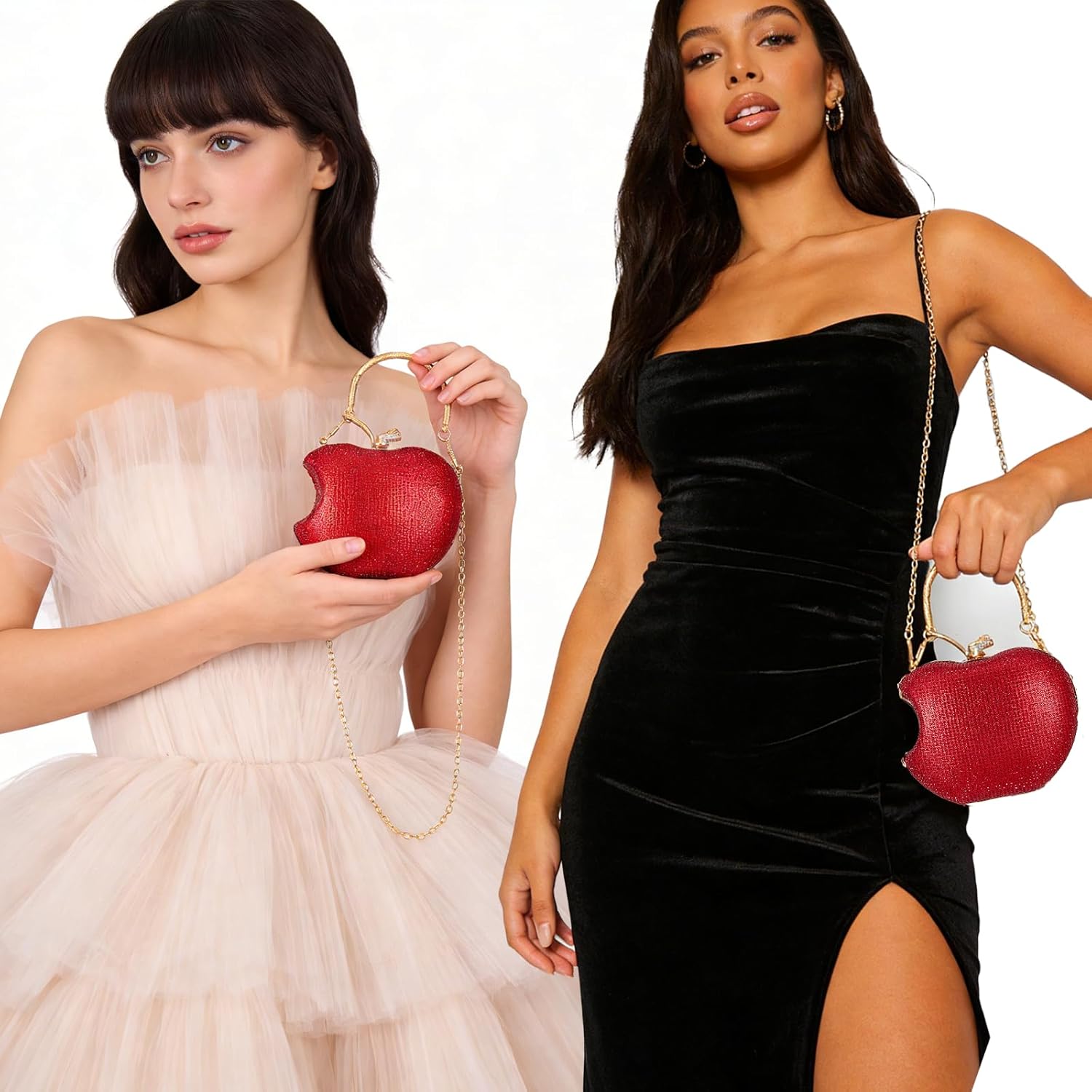 Red Rhinestone Apple-Shaped Evening Clutch Purse for Women, Crossbody Bag with Detachable Chain, Elegant Party Handbag for Prom Wedding Dinner Accessories - Image 2