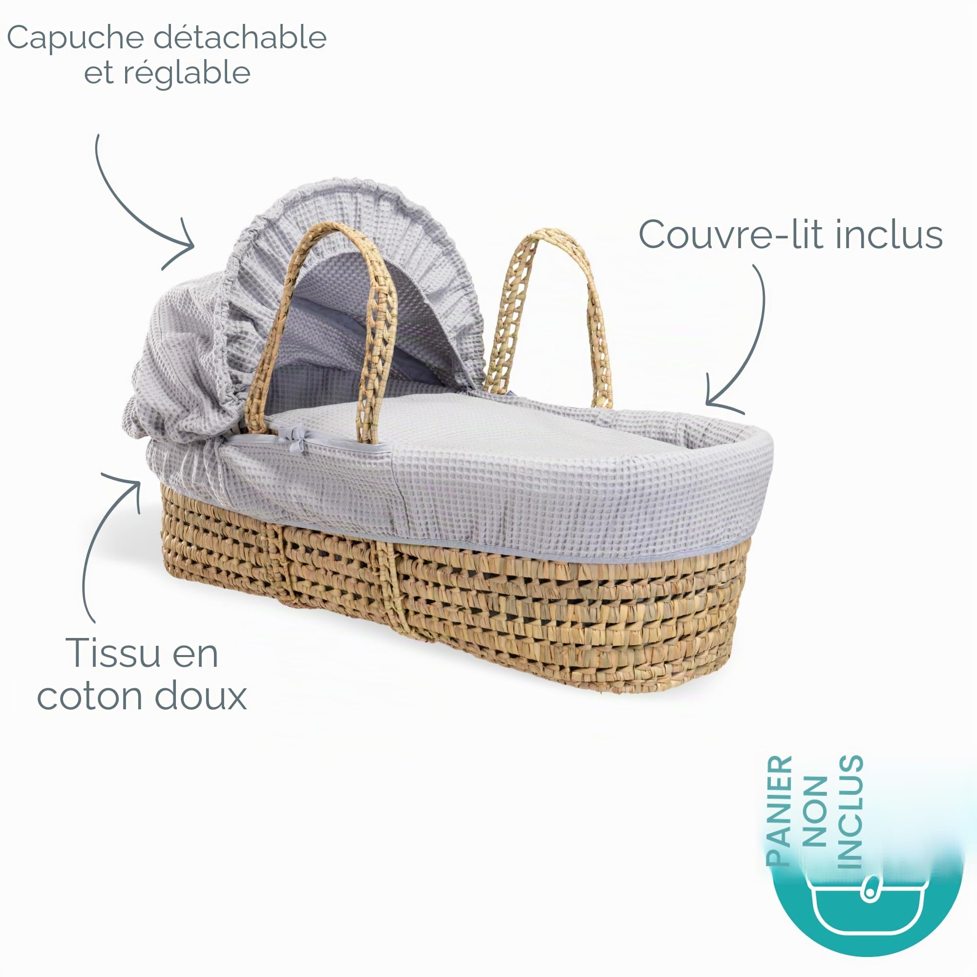 Clair de Lune Ensemble de couffin gaufré (Panier Non Inclus) – (Gris)