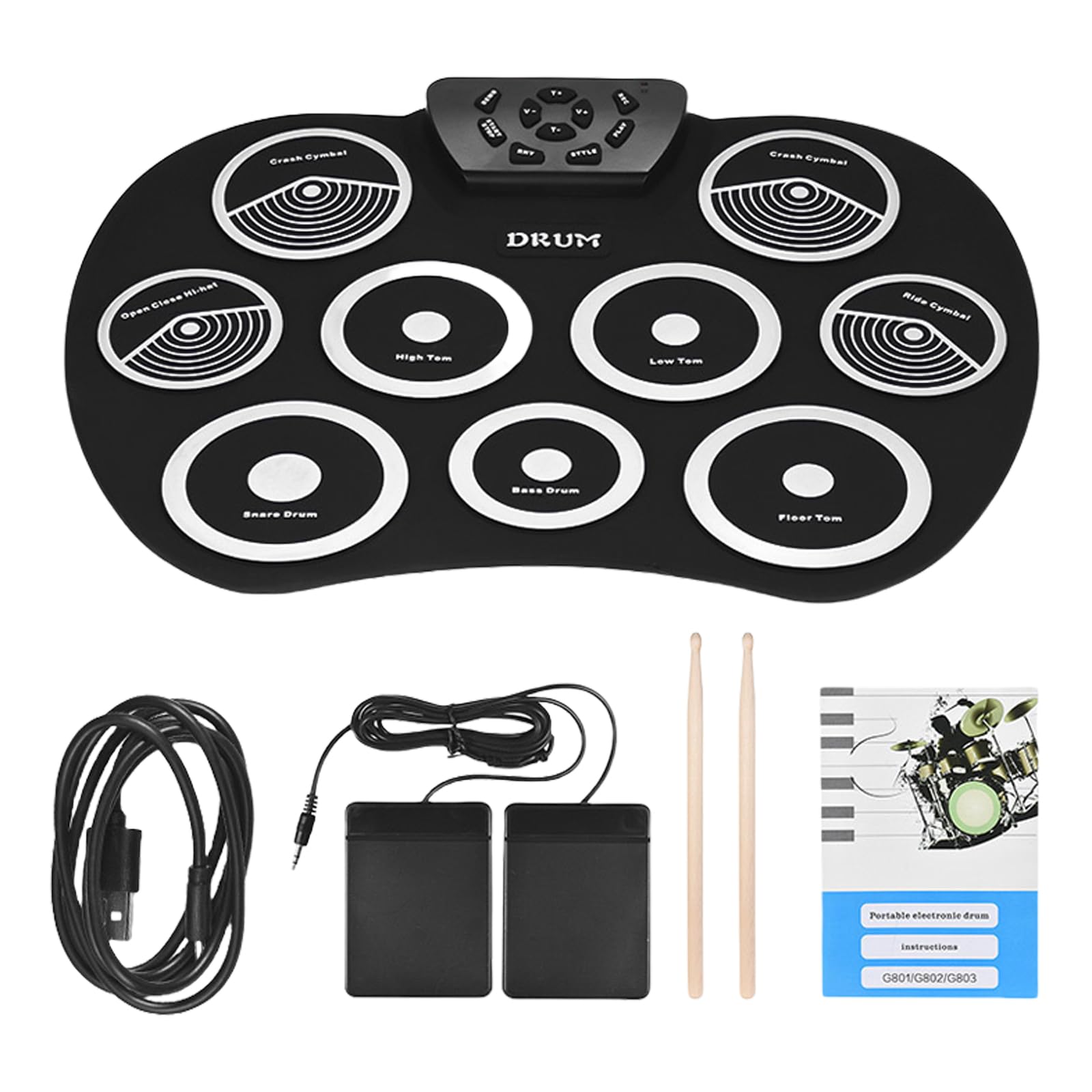 Batería Eléctrica, 9 Pads De Batería con Altavoces, Set Electrónico Enrollable con Pedales Palos Regalo para Niños Electrónica Digital Enrollables Plegables