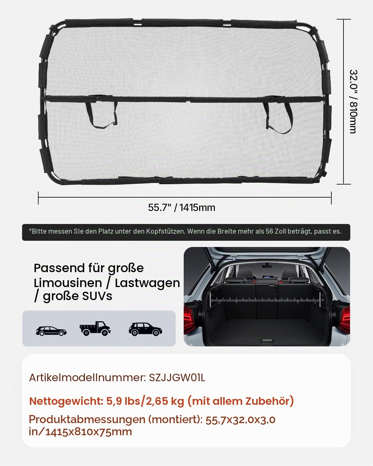 VEVOR Hunde Autobarriere 1415 mm Trennwand Hundegitter zur Montage an Vordersitzen Autoschutzgitter Haustierbarriere mit Netzgewebe, universell passende Autobarriere für SUVs Lkws Fahrzeuge, schwarz