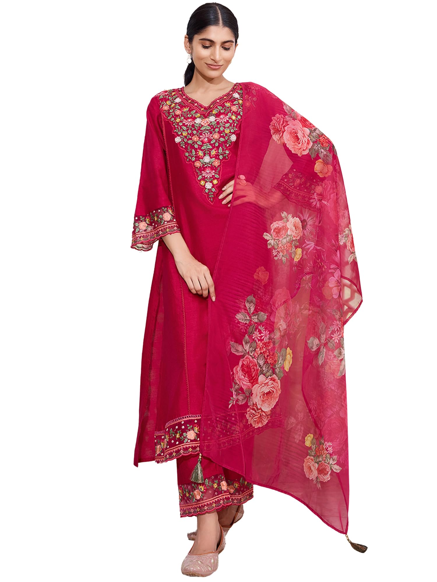 vaamsi Women's Silk Blend Solid Straight Embroidered Kurta Pant With Dupatta-picture-23