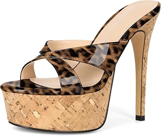 Esvowido Cork Mule Heels Women's Open Toe Platform High Heel Sandals Crisscross Slip on Shoes Leopard-R US Size 9