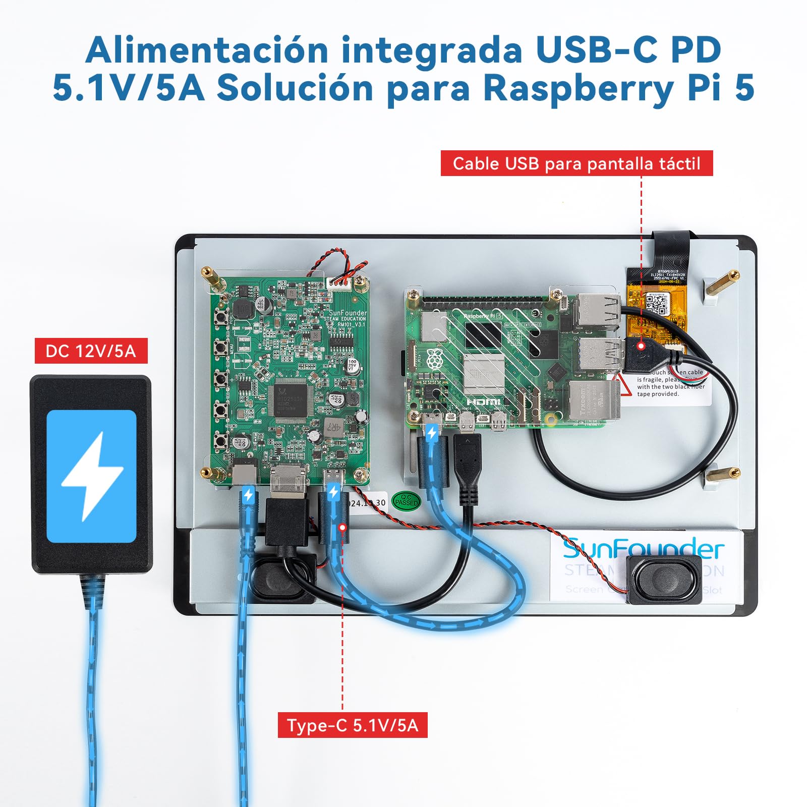 SUNFOUNDER Ultimo 10 pollici DIY Touch Screen All-In-One Solution per Raspberry Pi 5, IPS HD 1280x800 LCD, Built-In 5.1V/5A Output, HDMI, 10 punti, Nessun Driver, altoparlanti, per RPi 5/4/3/Zero 2W