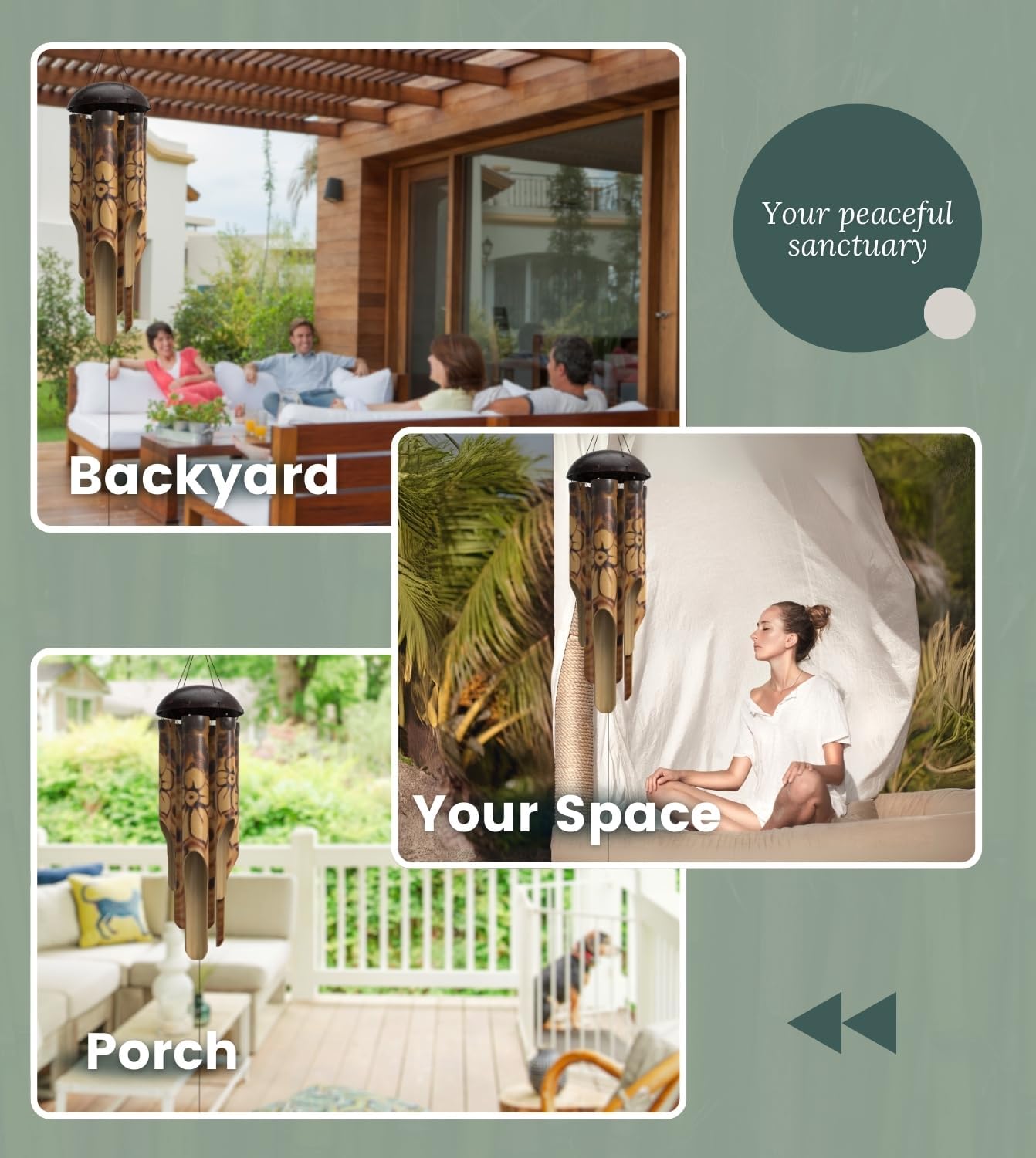 Rustic Bamboo Wind Chimes - Outside Outdoor Wooden Windchimes, Medium, Floral Burned Design with Coconut Crown, Handcrafted with Calming Deep Tones, Home Decor Ideal Gift for Him & Her - Image 3