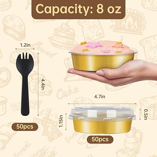 Miniatura 3 de 50 piezas de mini latas para tartas con tapas, moldes de aluminio de 4 pulgadas y 8 onzas, mini moldes desechables individuales para tartas, moldes