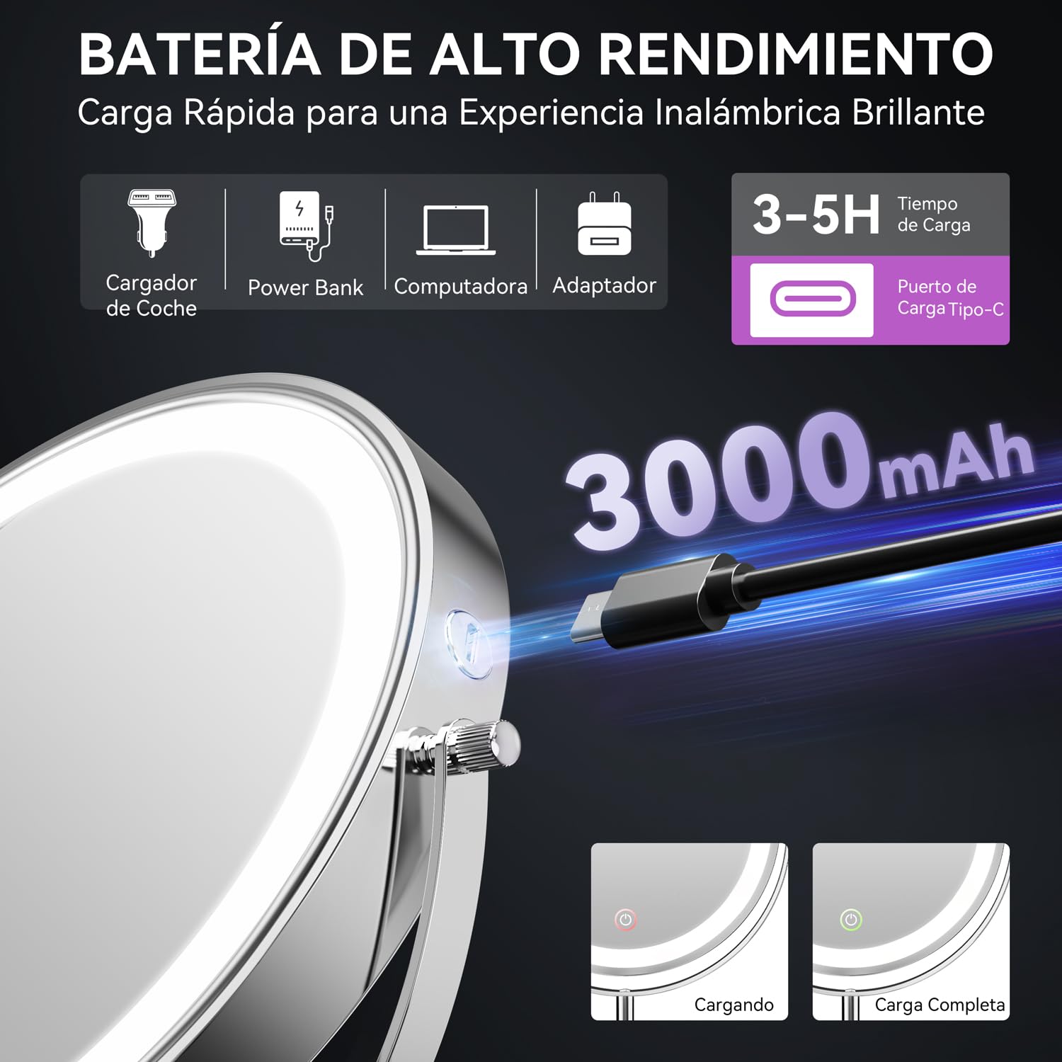 Auxmir Espejo Maquillaje con Luz, 30X/1X Aumento Espejo Telescópico Altura Ajustable 3000mAh Recargable USB, 3 Colores de Luz 60 Leds Brillo Regulable 360 Giratorio, Plata