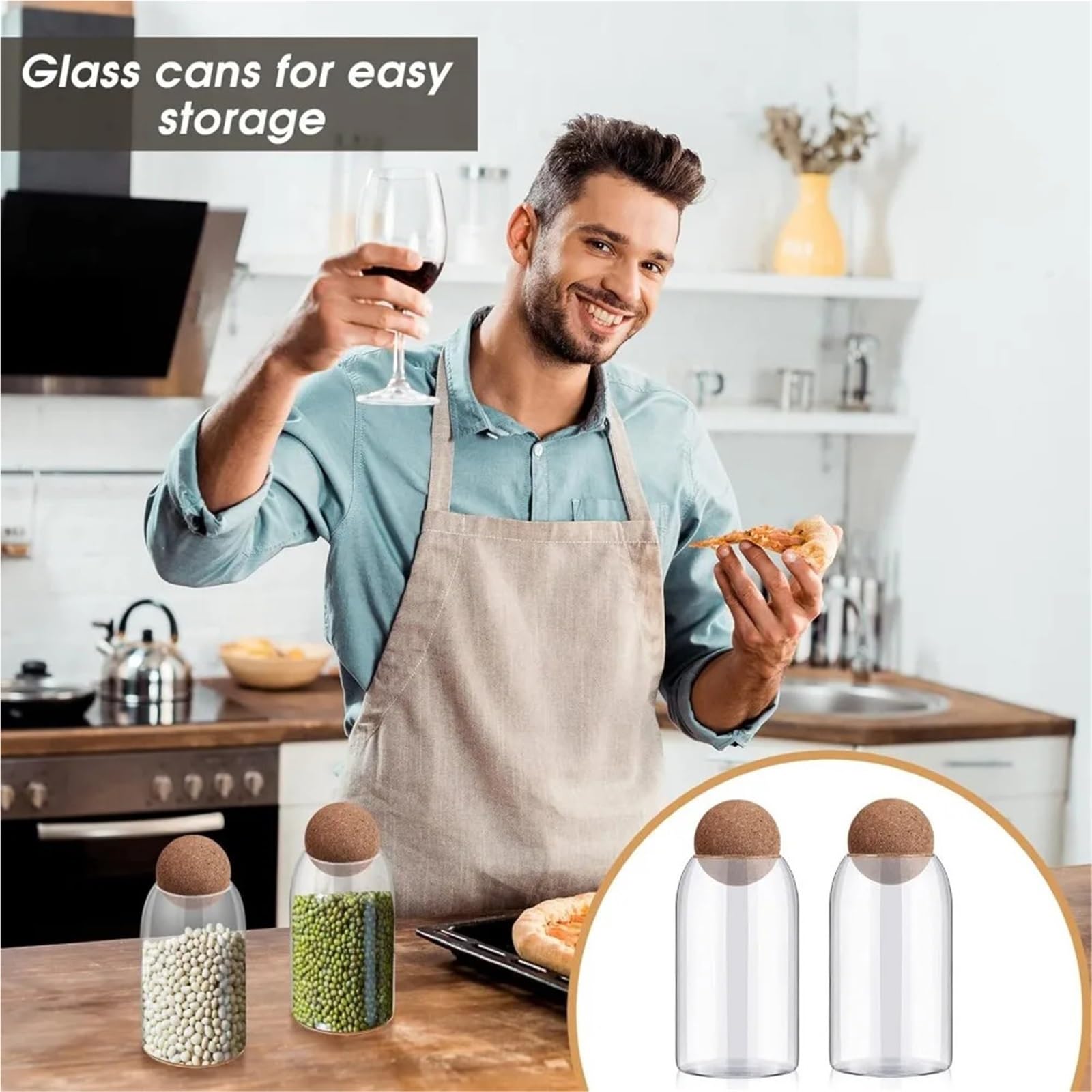 Tarrinas de cristal con tapa, Paquete de 6 tarros vidrio for almacenamiento con tapones bola y tapas corcho, transparentes, 14,8 x 9 cm, frutos secos frutas