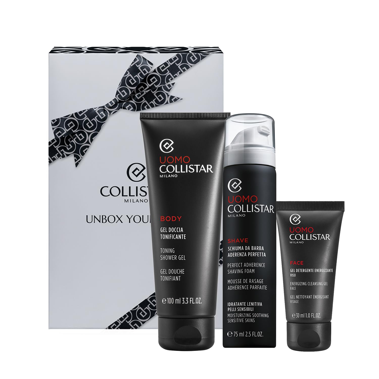 Collistar Męski zestaw upominkowy do golenia i czyszczenia, pianka do golenia 75 ml + energetyczny żel czyszczący 30 ml + mini żel pod prysznic tonizujący 100 ml