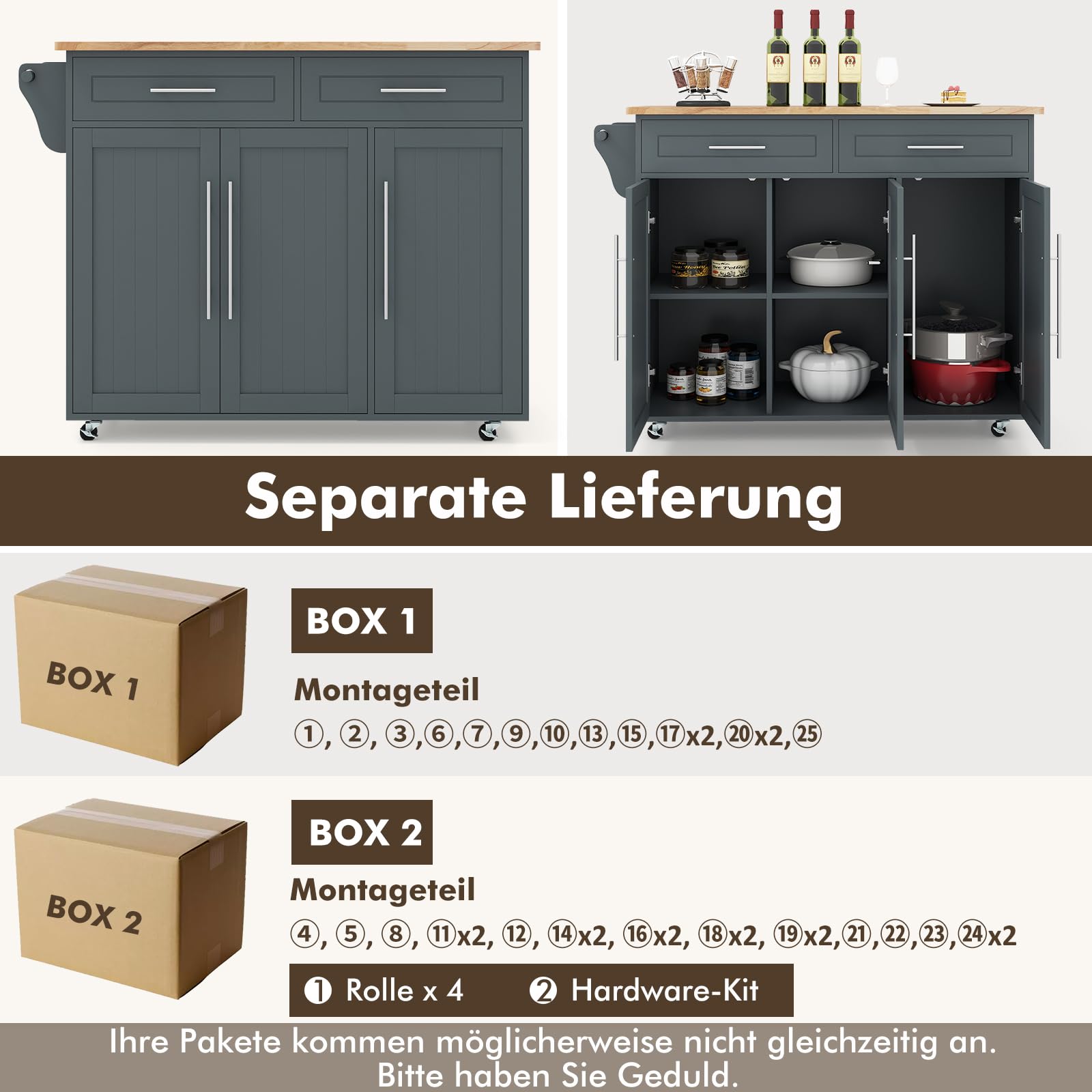 COSTWAY Küchenwagen auf Rollen, Servierwagen mit Arbeitsplatte, 2 Schubladen, Messer- & Handtuchhalter, Küchentrolley Holz, Küchenschrank für Küche, Beistellwagen Kücheninsel (Grau)