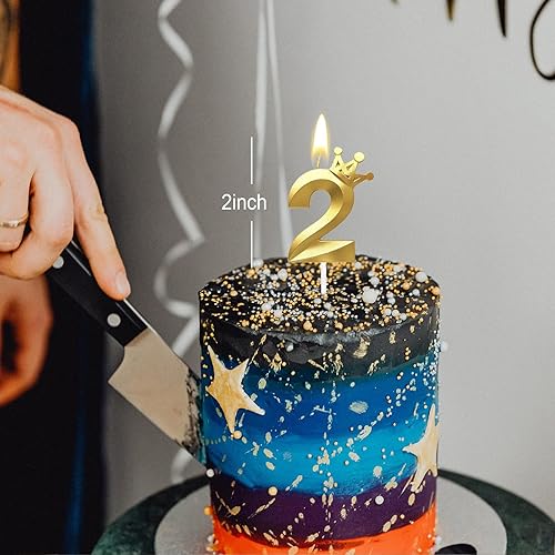 Miniatura 2 de Vela dorada de cumpleaños número 2, decoración temática dorada para fiesta de segundo cumpleaños, velas de número diseñadas con corona 3D para