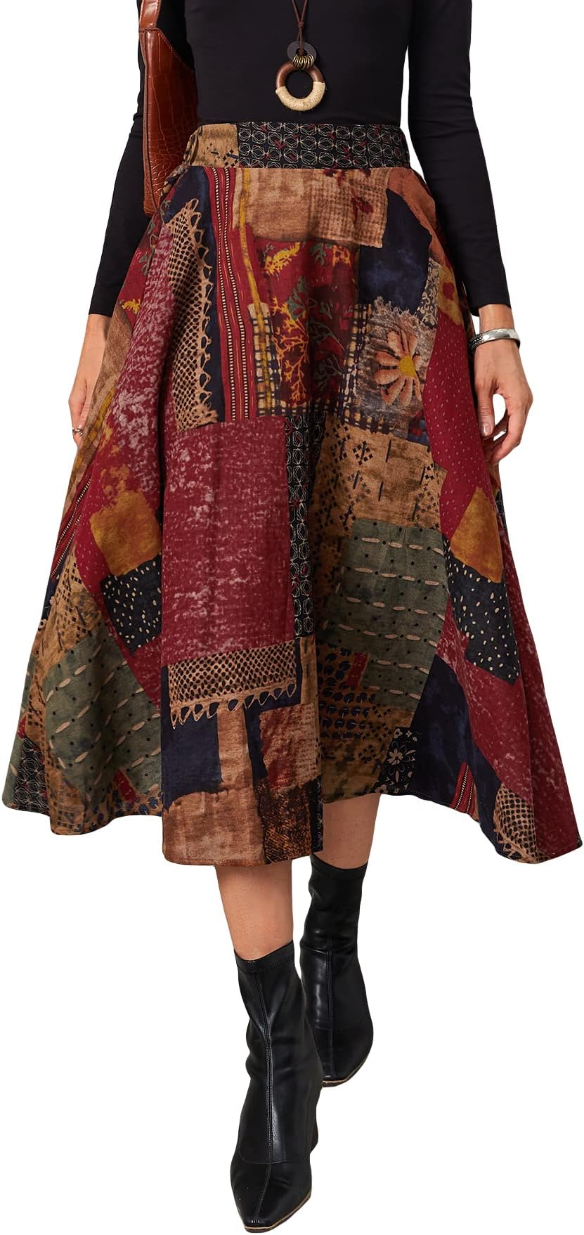 WDIRARA Women's Patchwork Skirt High Waisted A Line Flowy Boho Vintage Midi Skirt