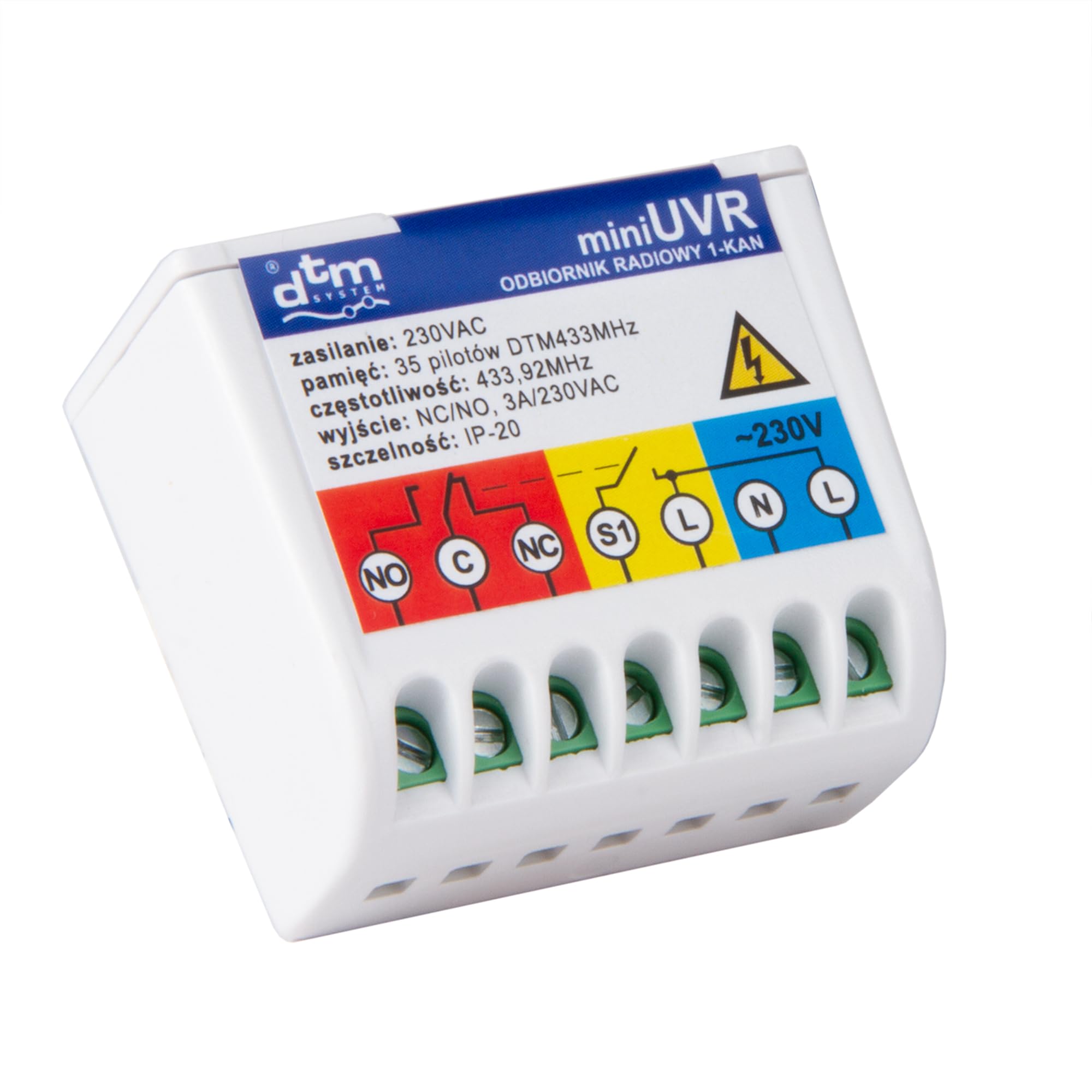 Récepteur radio DTM MINIUVR 1 canal 230 V 433 MHz Possibilité de commande émetteur et bouton poussoir LED Connexion directe sur 230 V