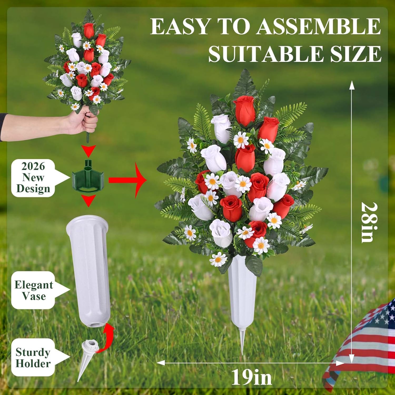 Dolicer 2 Sets Artificial Cemetery Flowers for Grave, Realistic Grave Flowers Memorial Flower UV Resistant Silk Rose Flower with Vase for Cemetery Decorations (Red, White)