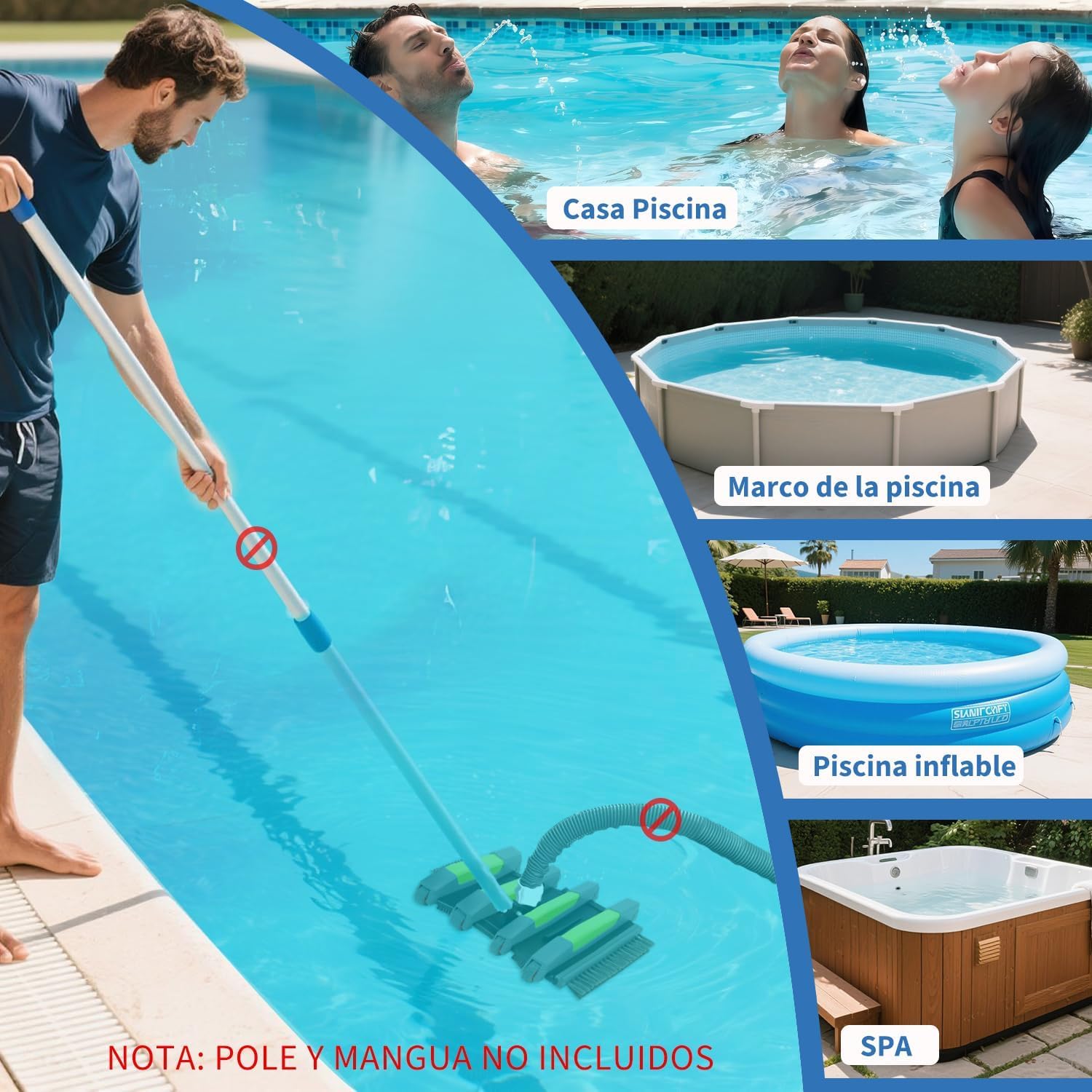 Cepillo Aspirador Piscina 45 cm con Ruedas, Cepillo Aspirador para Piscina con Conexión de Succión, Cepillo Limpiafondos Piscina Flexible con Cepillos Laterales, Compatible con Mangueras 32 mm y 38 mm