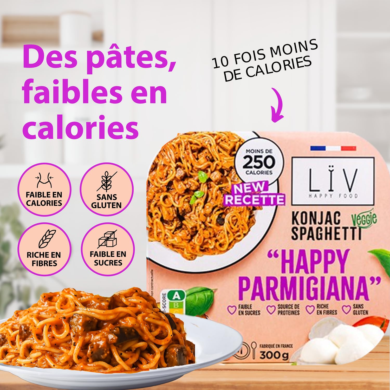 LÏV Happy Food - Plat Cuisiné Individuel HAPPY Parmigiana Veggie - Spaghettis de Konjac - Pâtes sans gluten - Konjac - Gluten Free, Faible en calorie - 6x300g