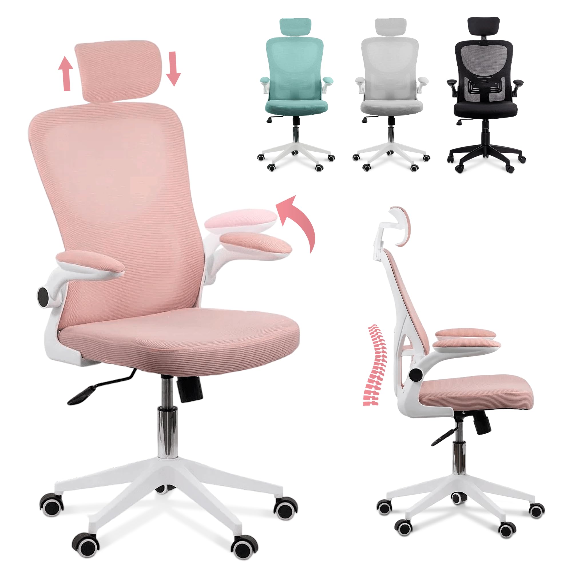 Silla Escritorio Ergonomica - Silla oficina Ajustable y Reclinable con Soporte Lumbar, Reposacabezas Ajustable, Plegables, Malla Transpirable, Ruedas Giratorias 360° Soporta hasta 120kg - Rosa