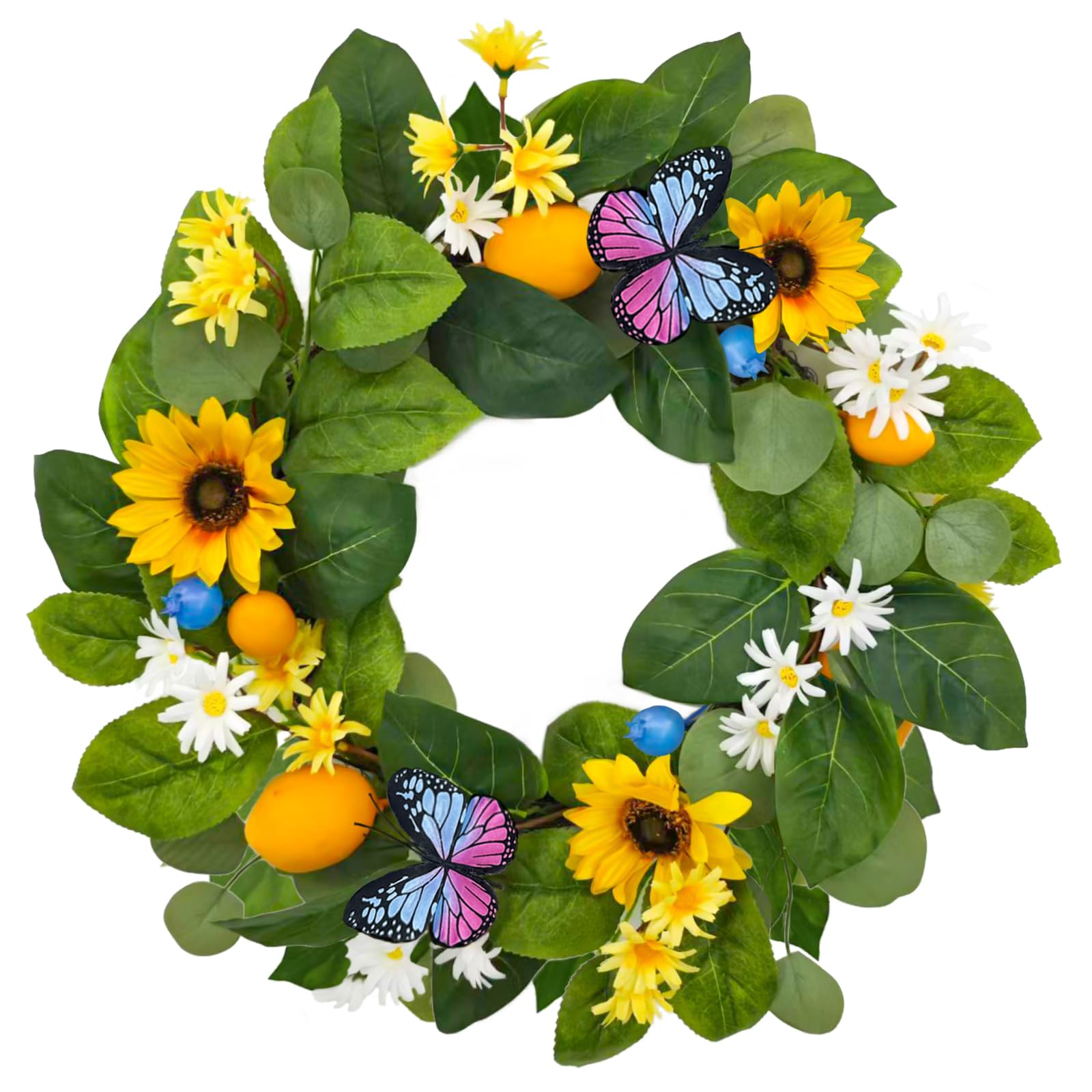 18-Inch Sunflower and Daisy Lemon Wreath with Green Leaves and Butterfly Decor – Artificial Spring and Summer Wreath for Front Door, Wall, and Home Décor